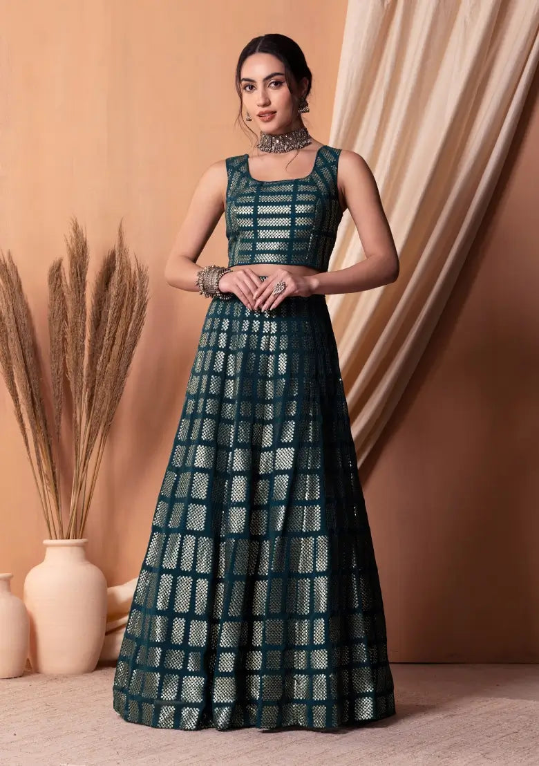 Teal Blue Georgette Sequins And Thread Embroidered Lehenga choli