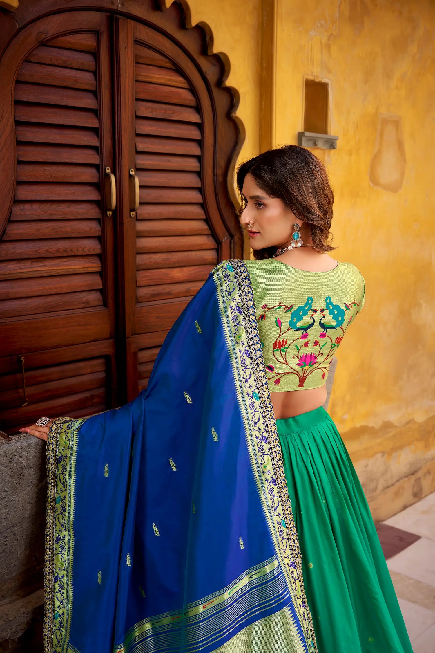 Teal Blue Zari Weaving Paithani Lehenga Choli