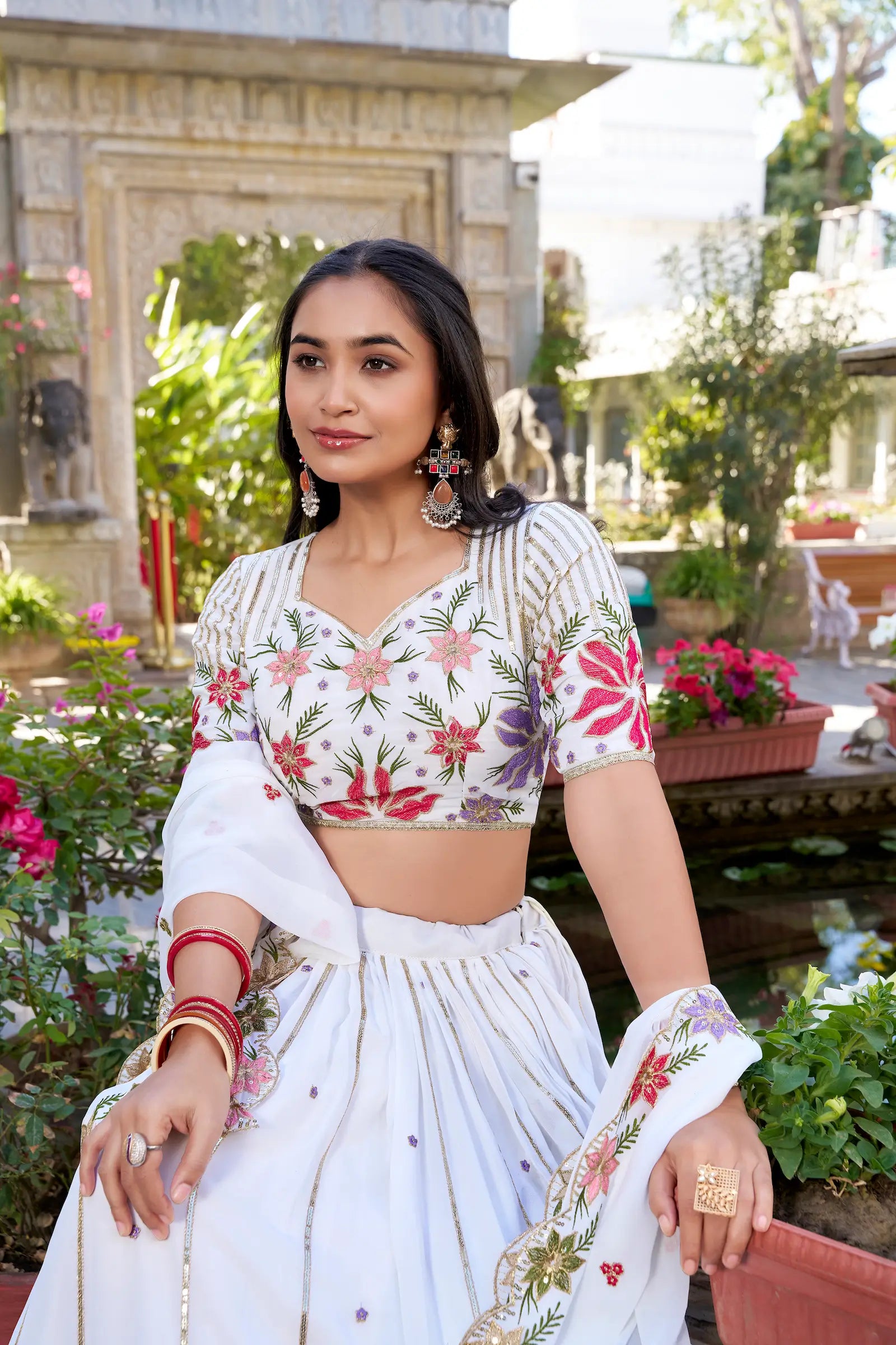 White Georgette Sequins and Thread Embroidery Work Lehenga Choli