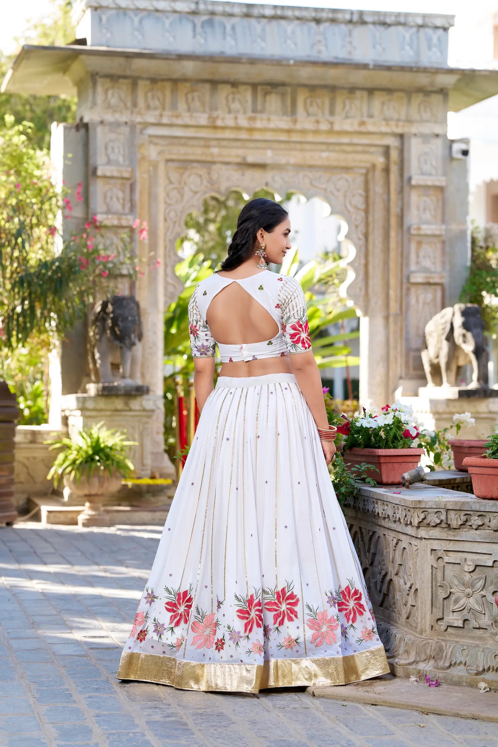 White Georgette Sequins and Thread Embroidery Work Lehenga Choli