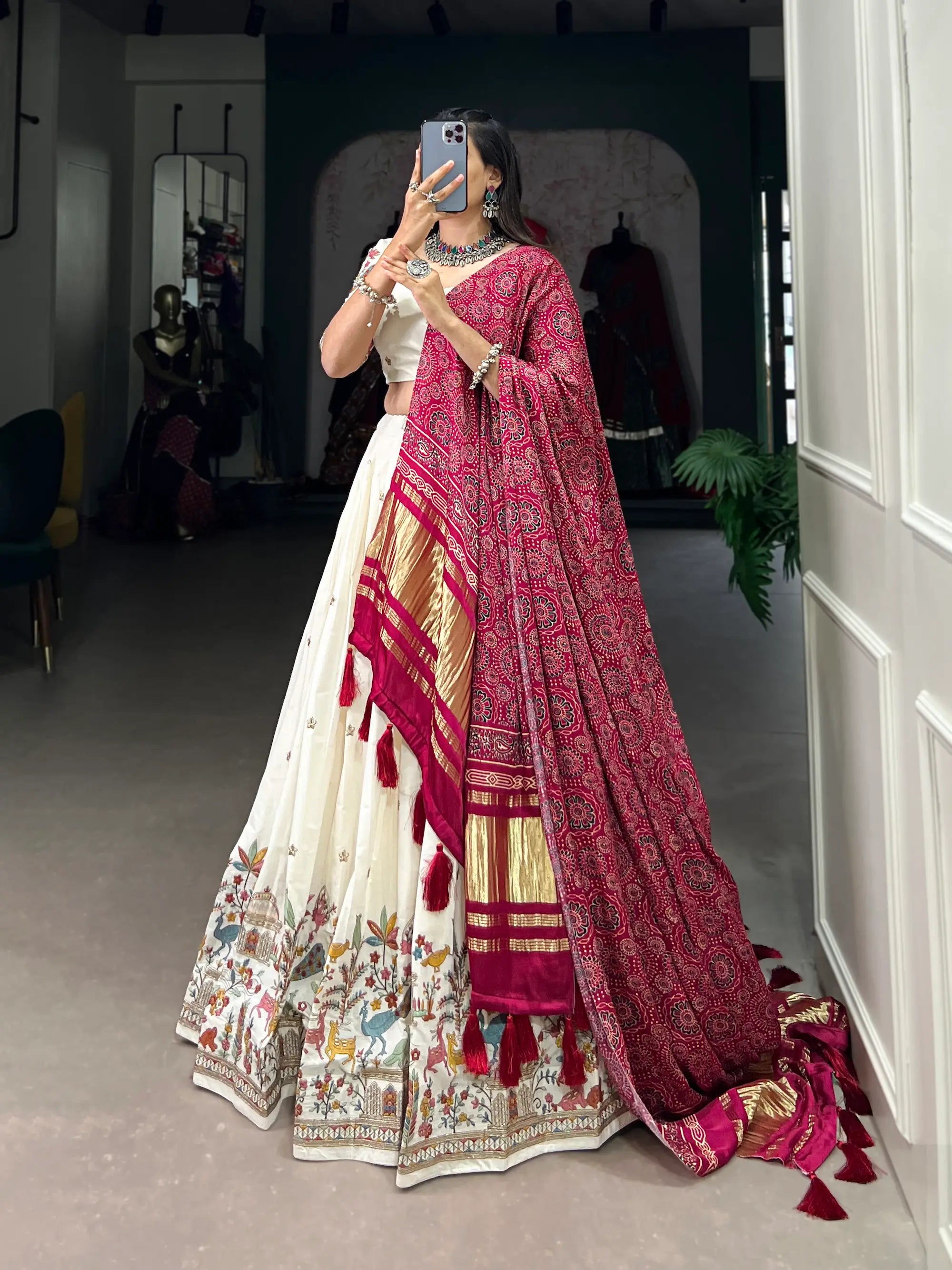 White Khadi Cotton Embroidery Lehenga Choli With Gaji Silk Dupatta