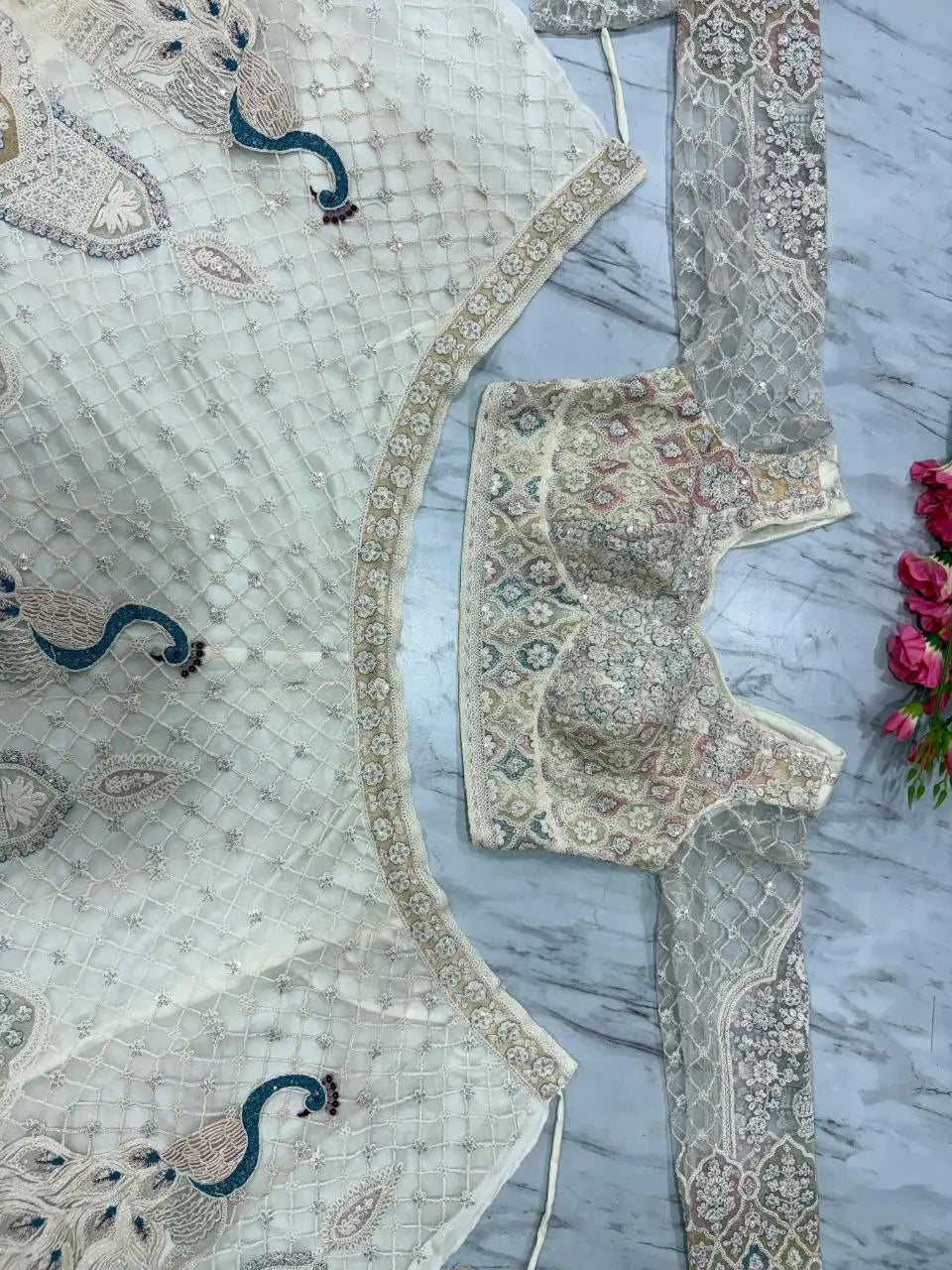 White Peacock Design Net Lehenga With Thread Coding Sequins Embroidery Work