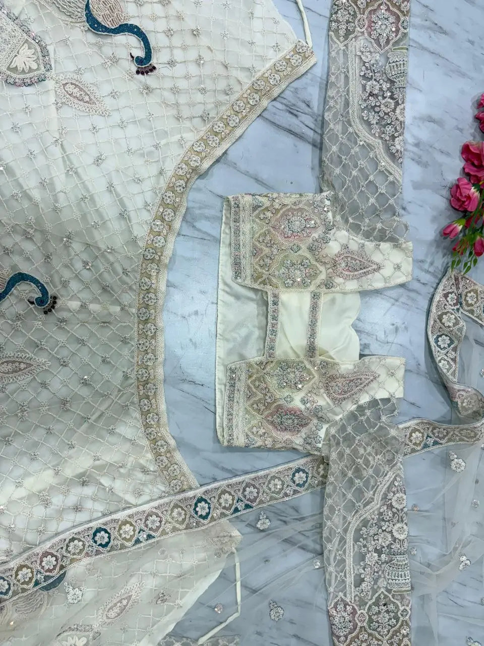 White Peacock Design Net Lehenga With Thread Coding Sequins Embroidery Work