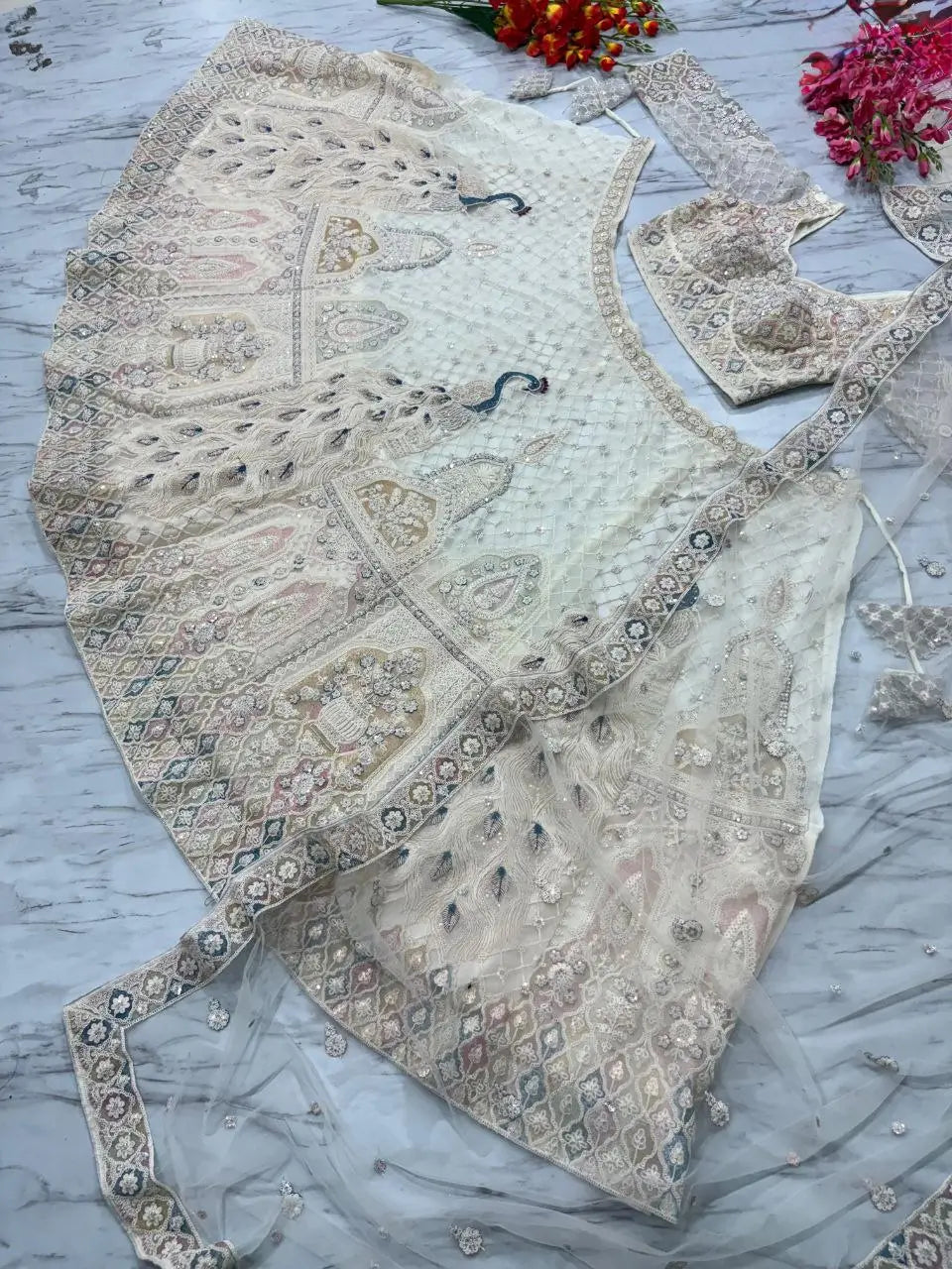 White Peacock Design Net Lehenga With Thread Coding Sequins Embroidery Work