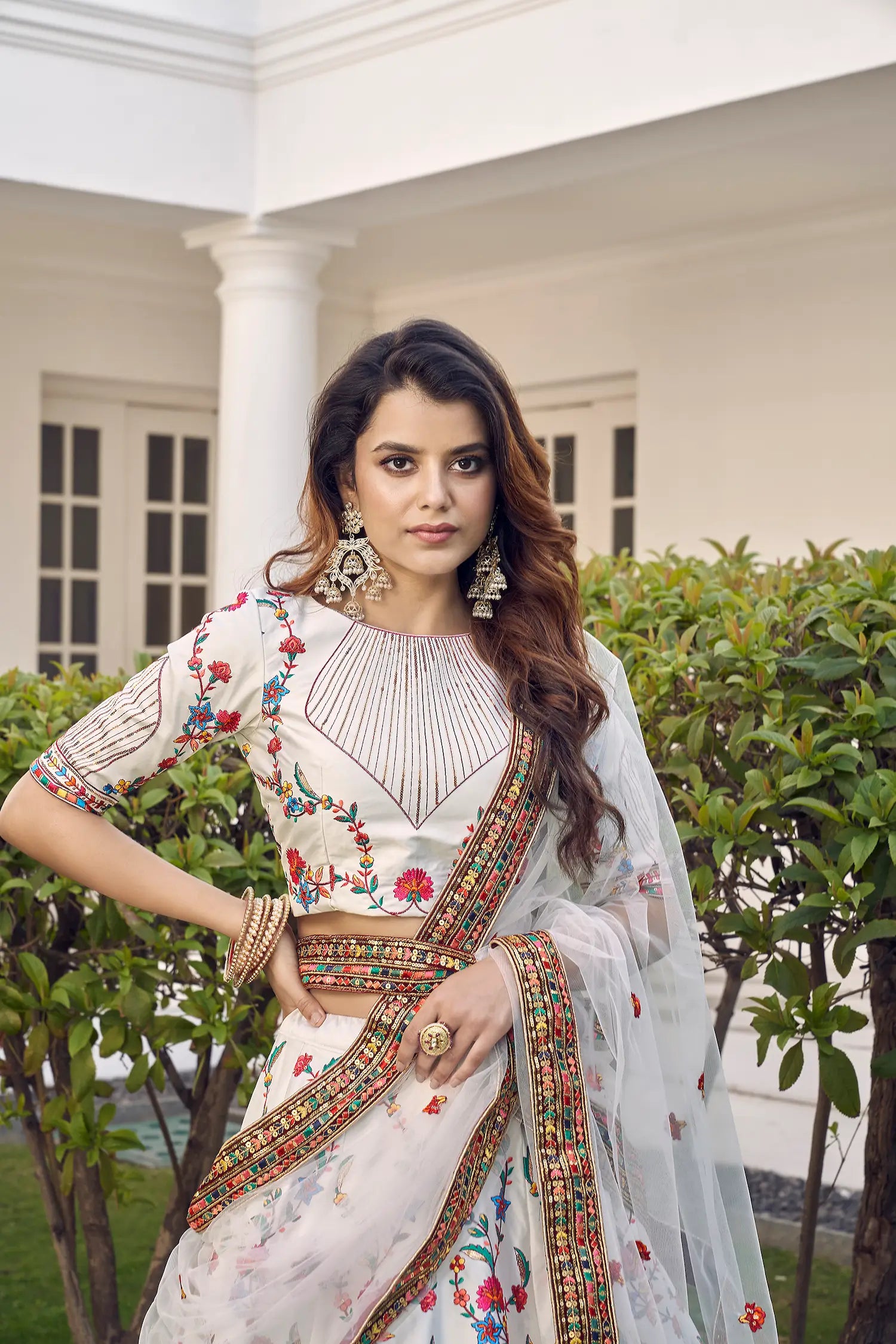 White Silk Thread with Sequence Embroidery Work Lehenga Choli