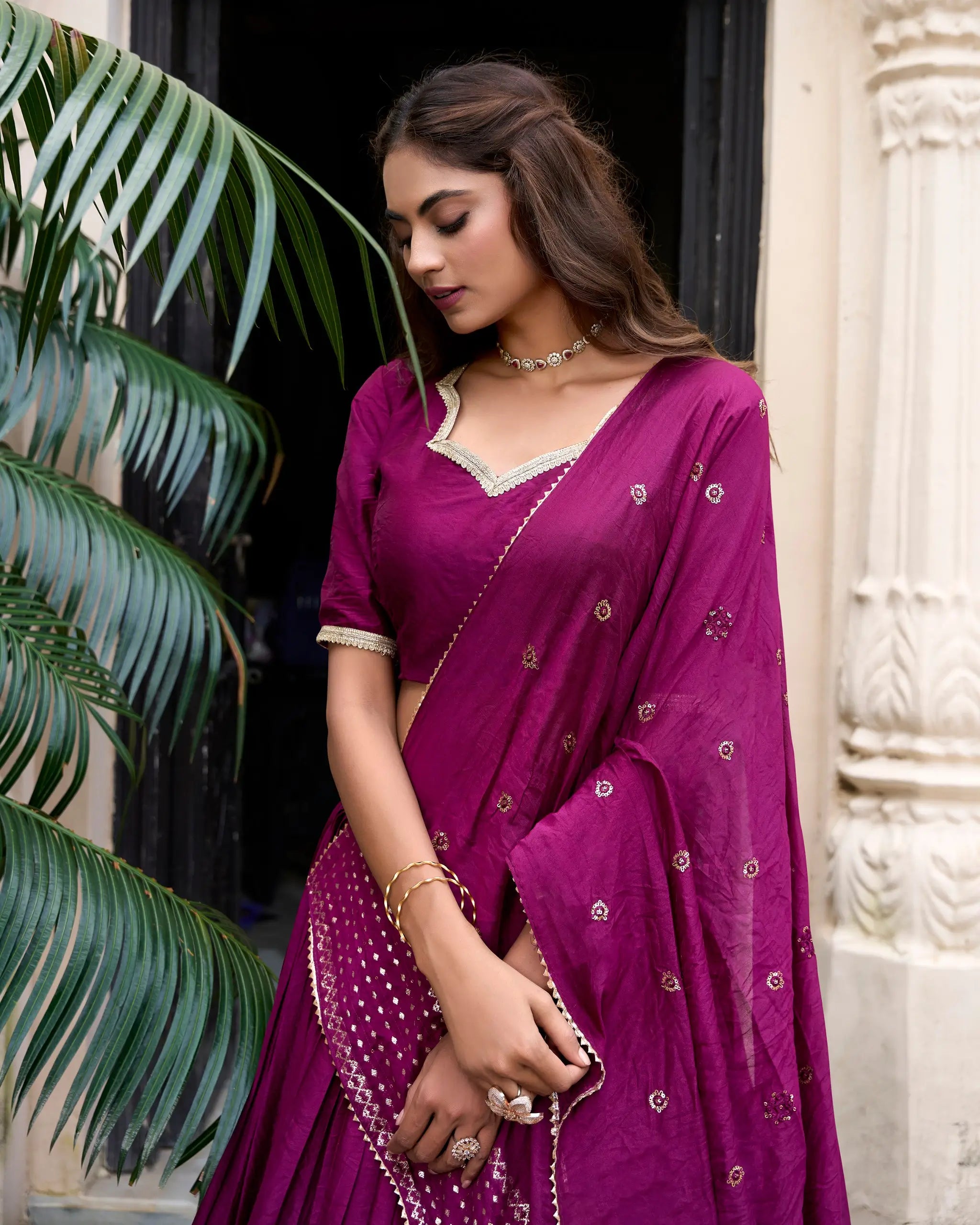 Wine Berry Chanderi Silk Zari Weaving Lehenga Choli