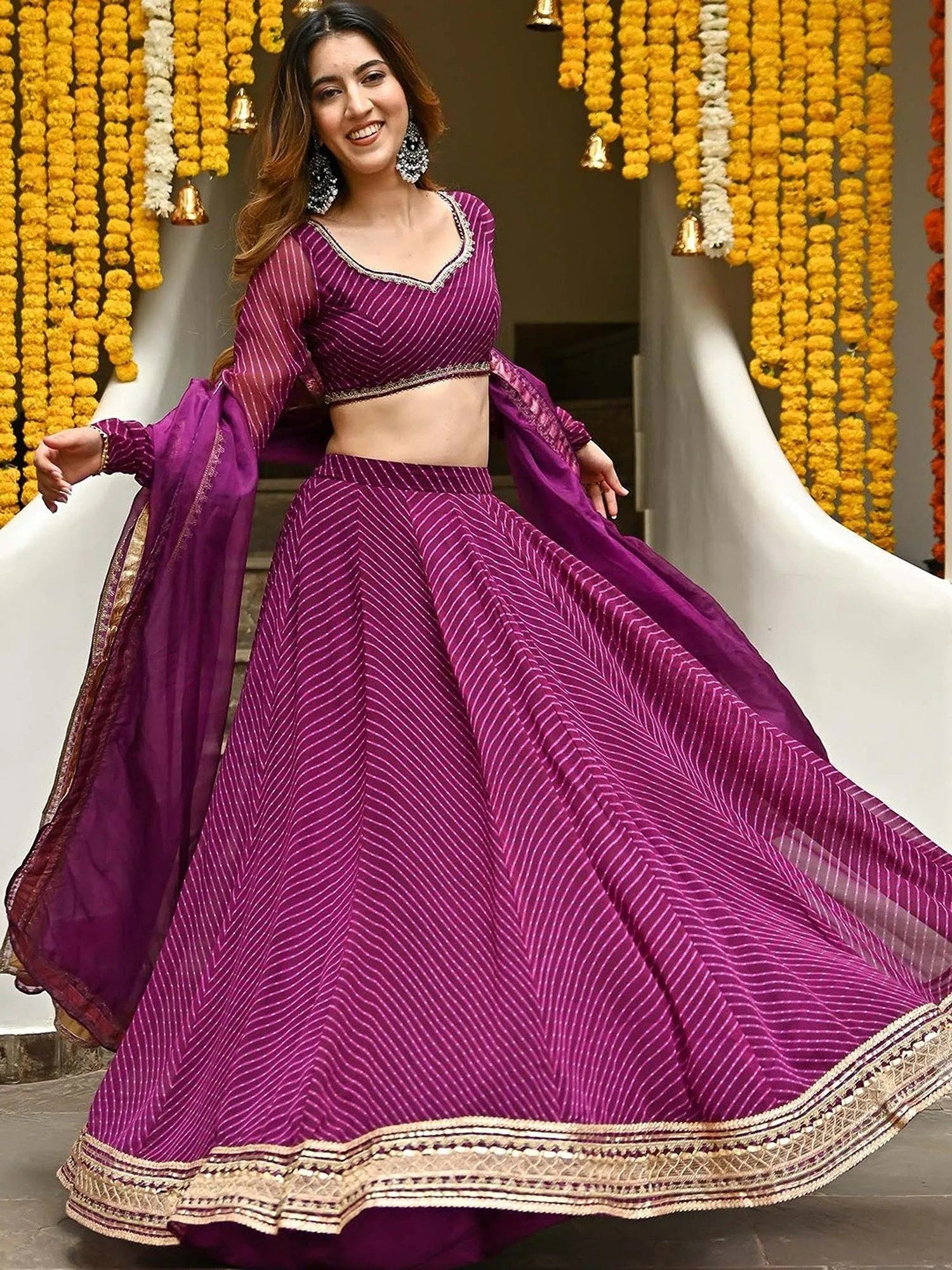Wine colored Georgette Leheriya Print Lehenga With Zari And Cording Lace Work