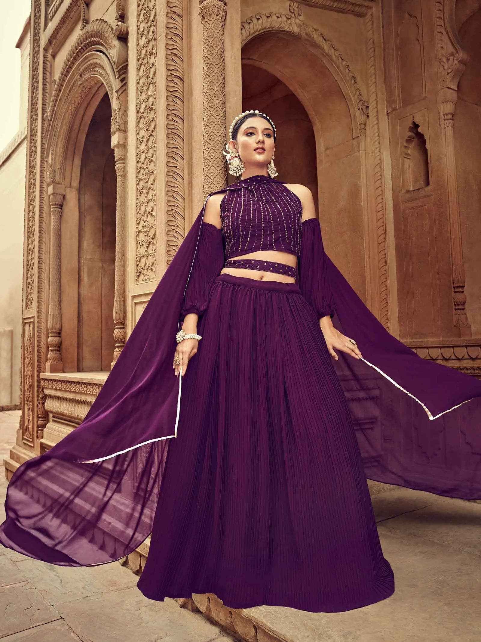 Wine Georgette Lehenga With Hand Work