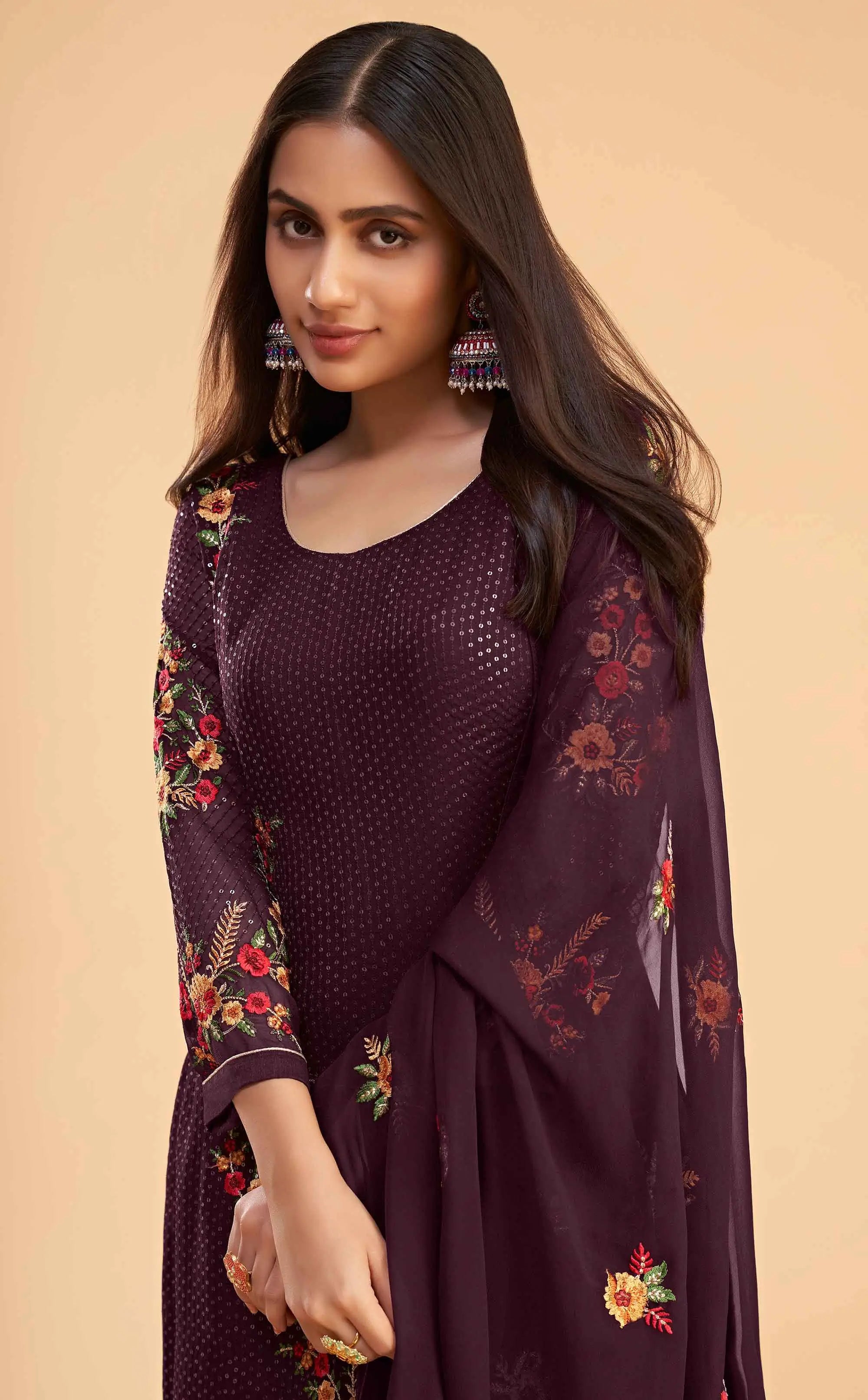 Wine Georgette Sequins Embroidery Work Salwar Suit With Dupatta