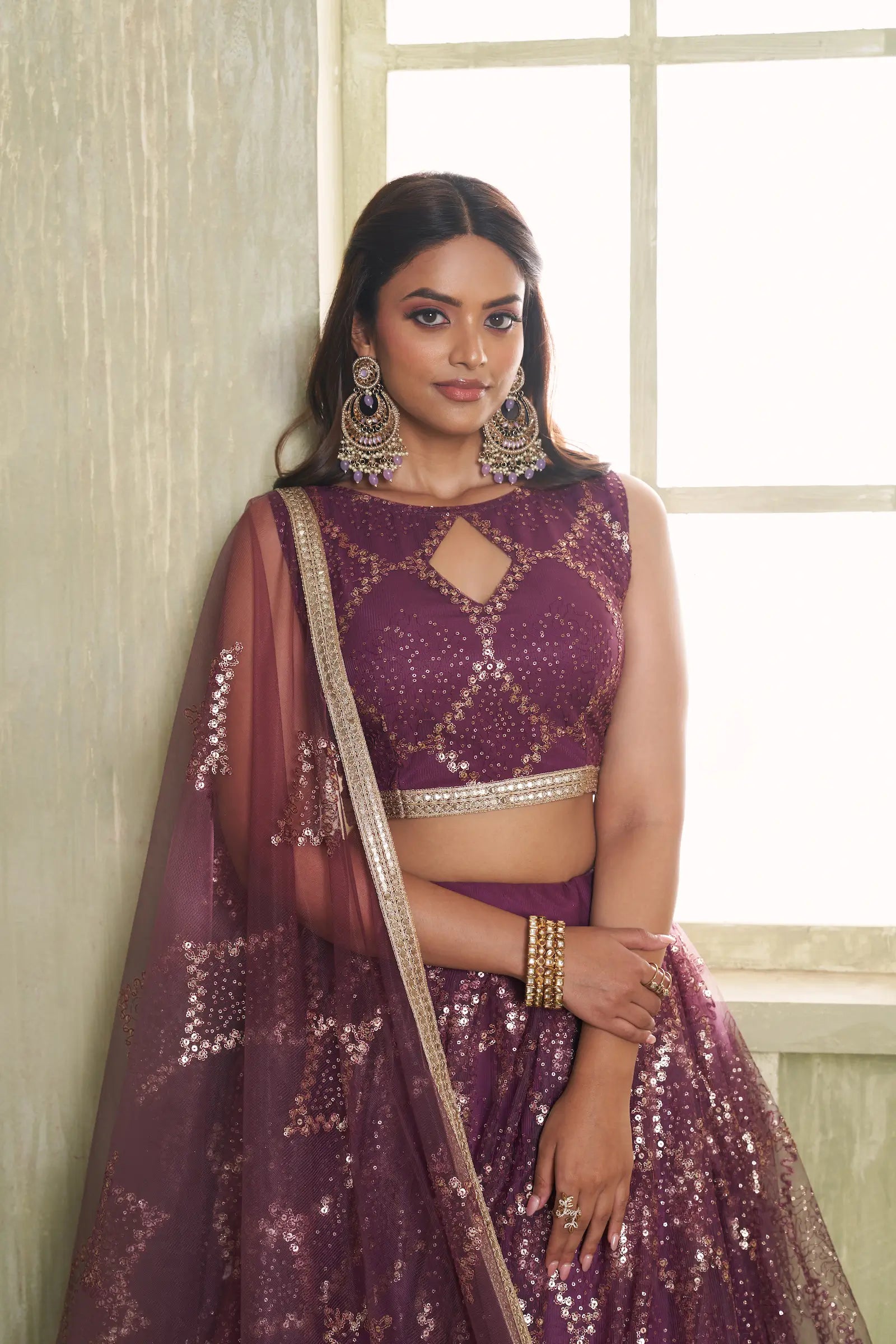 Wine Net Lehenga Choli With Cotton Thread Work & Sequence Embroidery Work