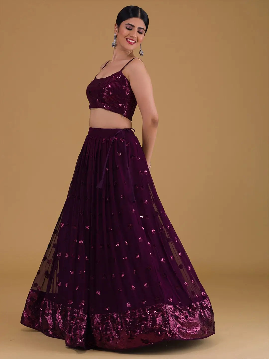 Wonderful Wine Designer Sequins Embroidery Work Party Wear Lehenga