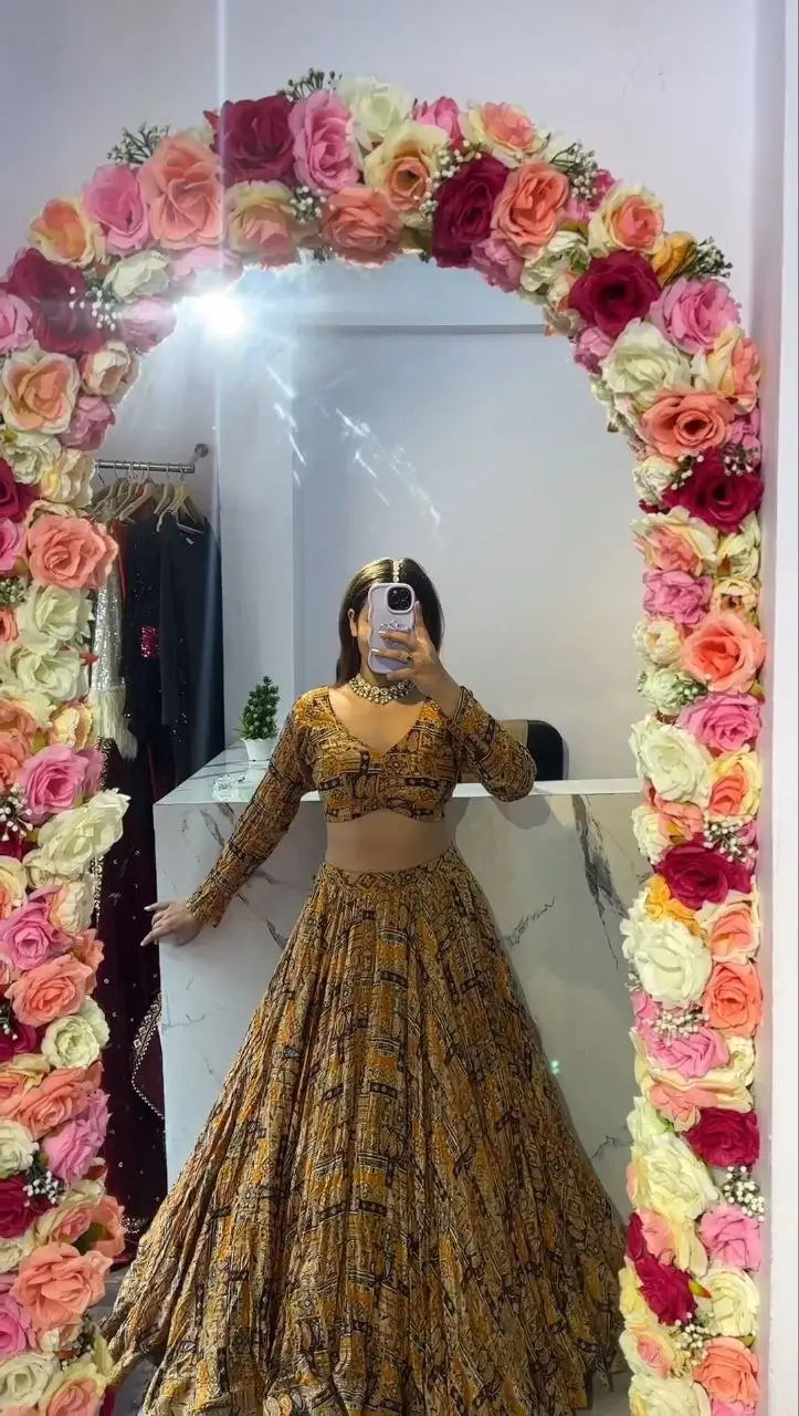 Yellow Chinon Silk Lehenga With Beautiful Digital Print  With Plain Dupatta