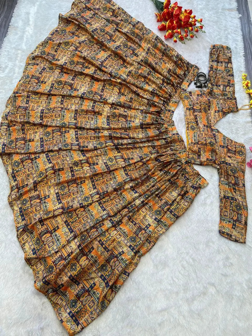 Yellow Chinon Silk Lehenga With Beautiful Digital Print  With Plain Dupatta