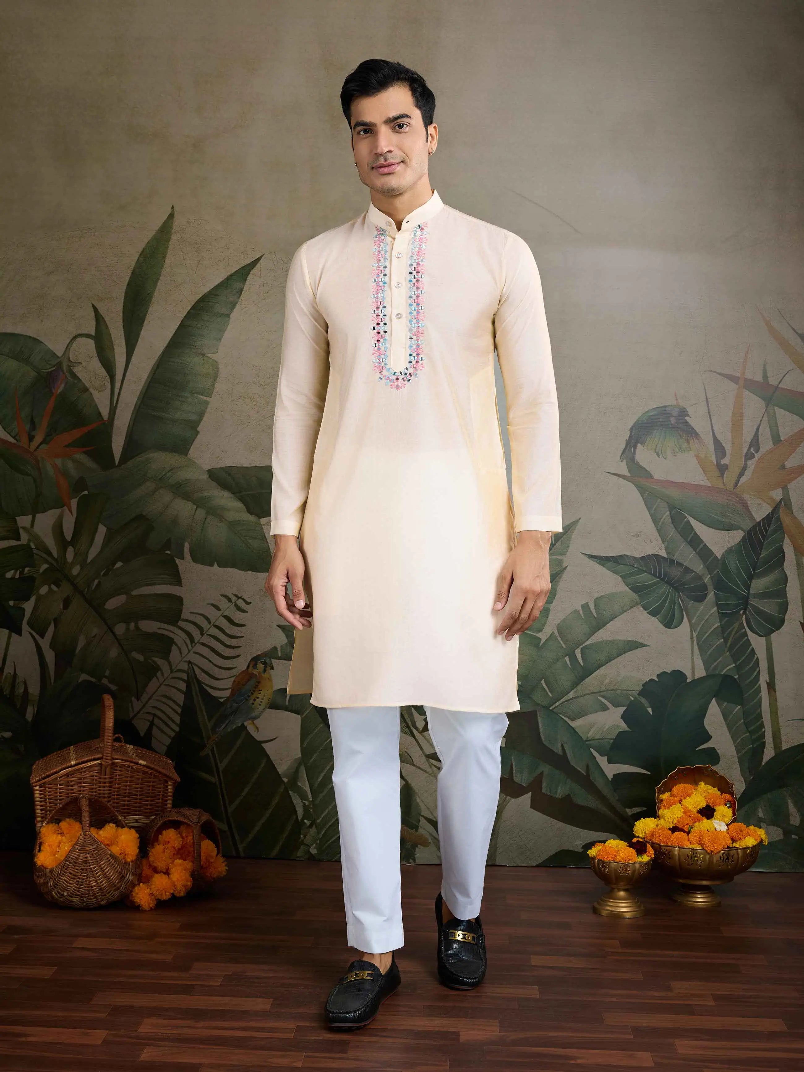 Oyster Pink Real Mirror Thread Work Kurta Set With Jacquard Design Work Jacket