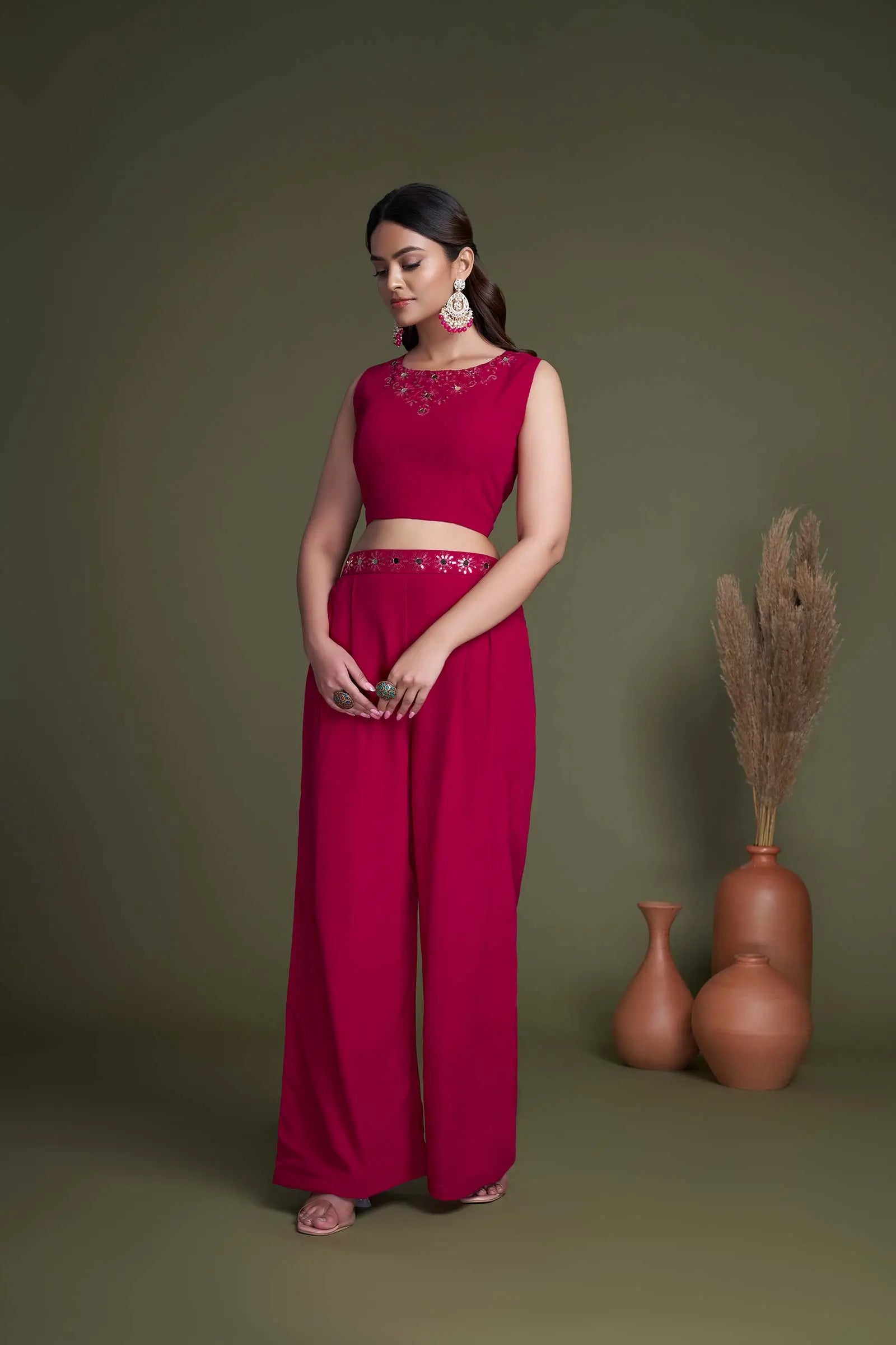 Rani Pink Georgette Embroidery Work Co-ord Set