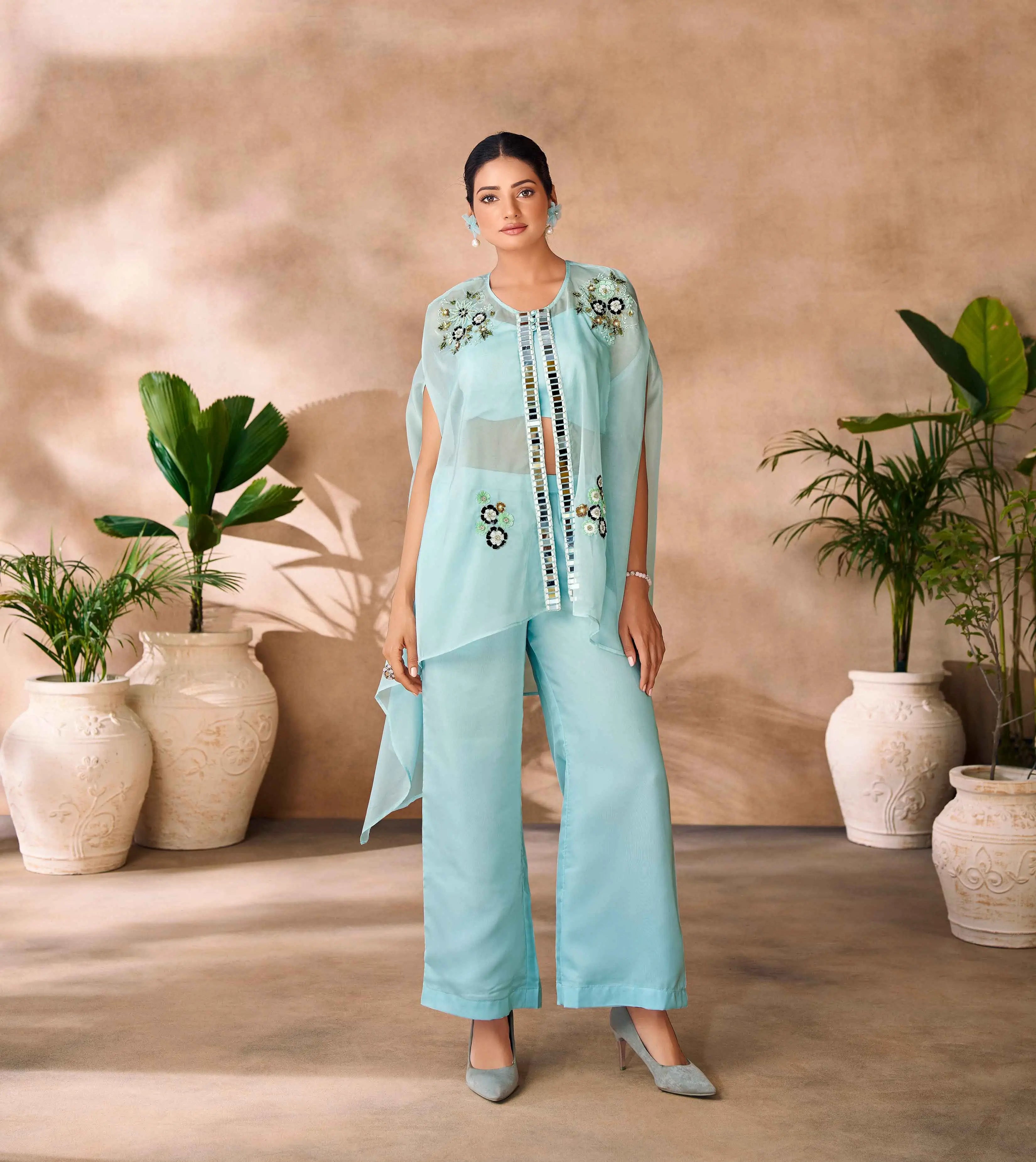 Aqua Blue Pure Organza Hand Work Indo Western Co-Ord Set With Cap - qivii