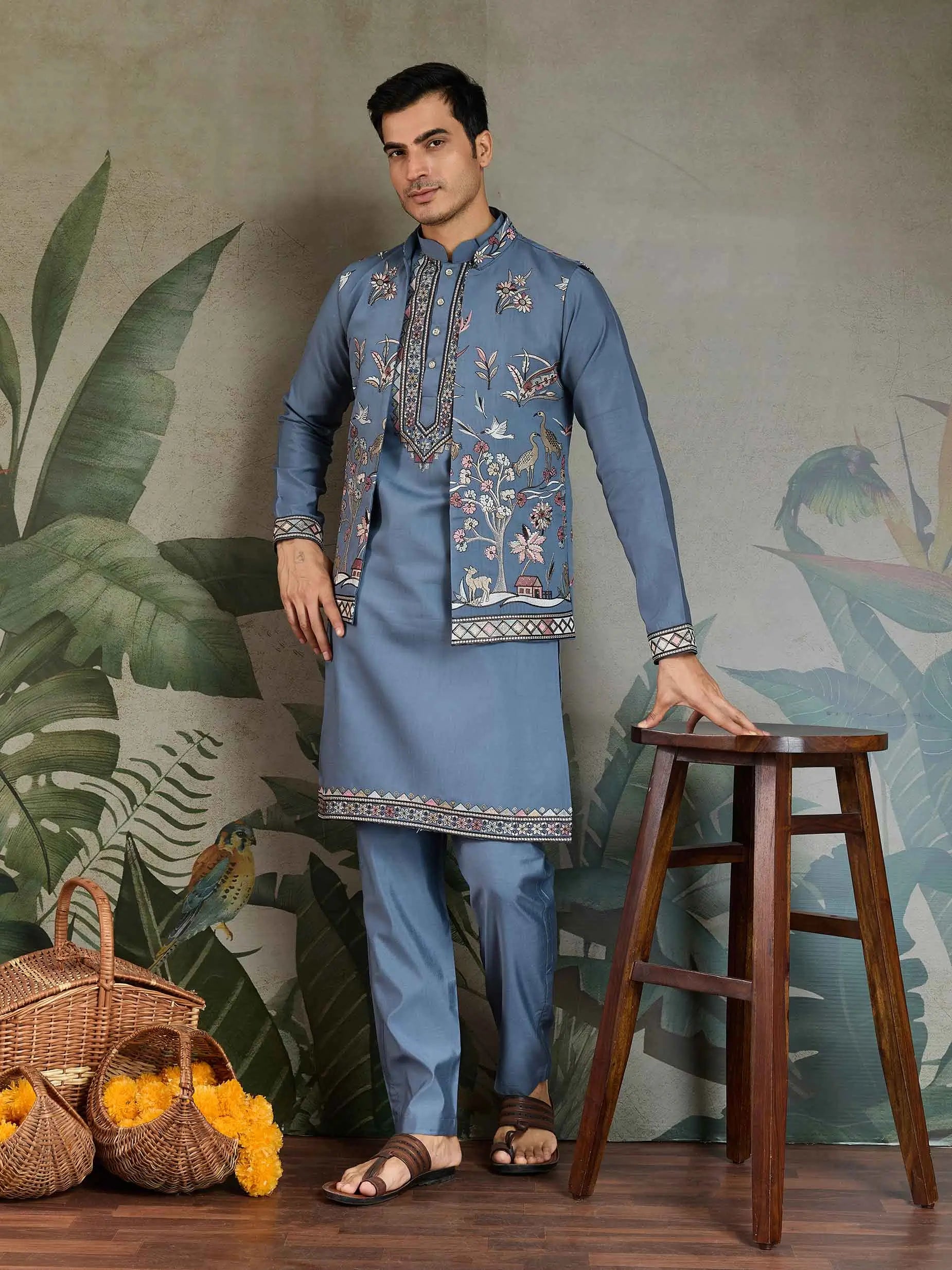 Blue Grey Silk Kurta Set With Thread Sequins Embroidery Work Koti(Jacket) - qivii