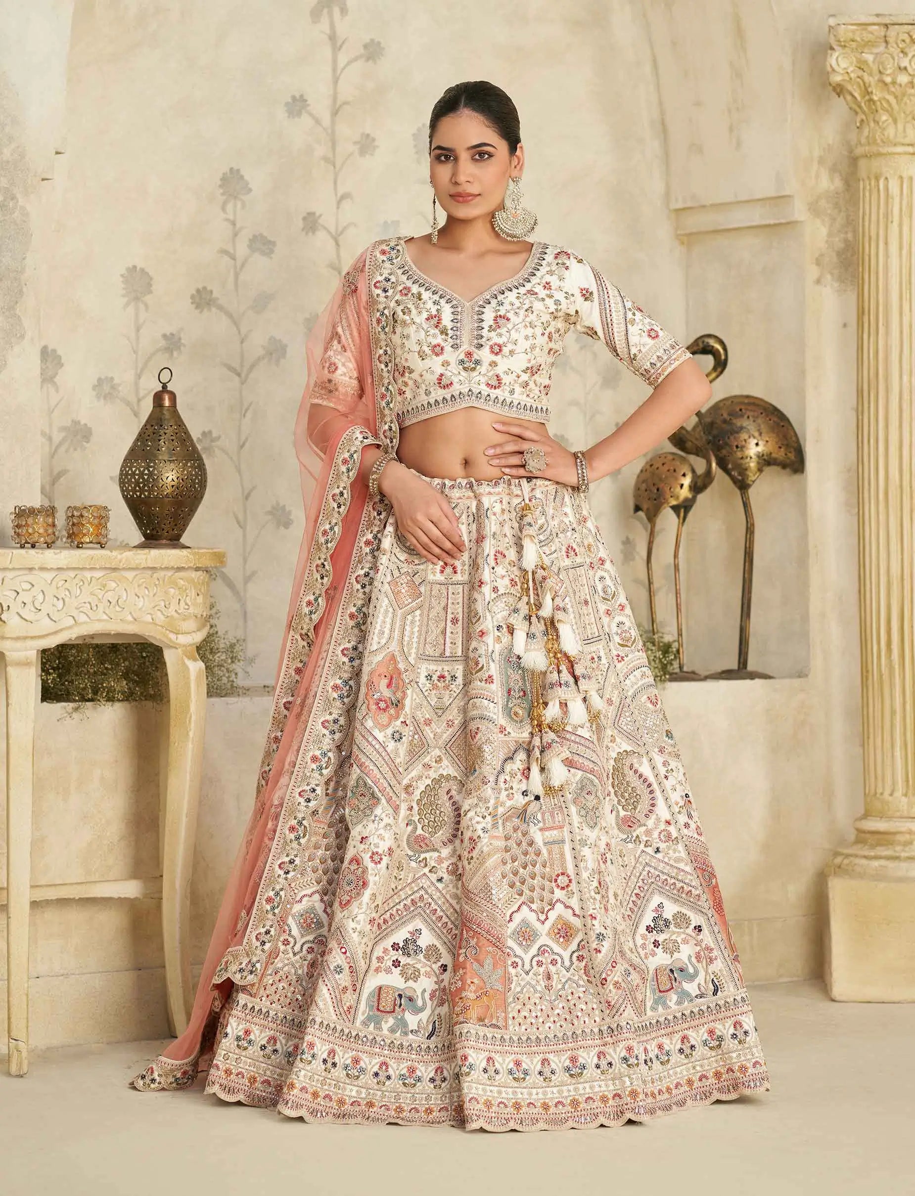 Cream Lehenga With Intricate Royal Embroidery Motifs - qivii