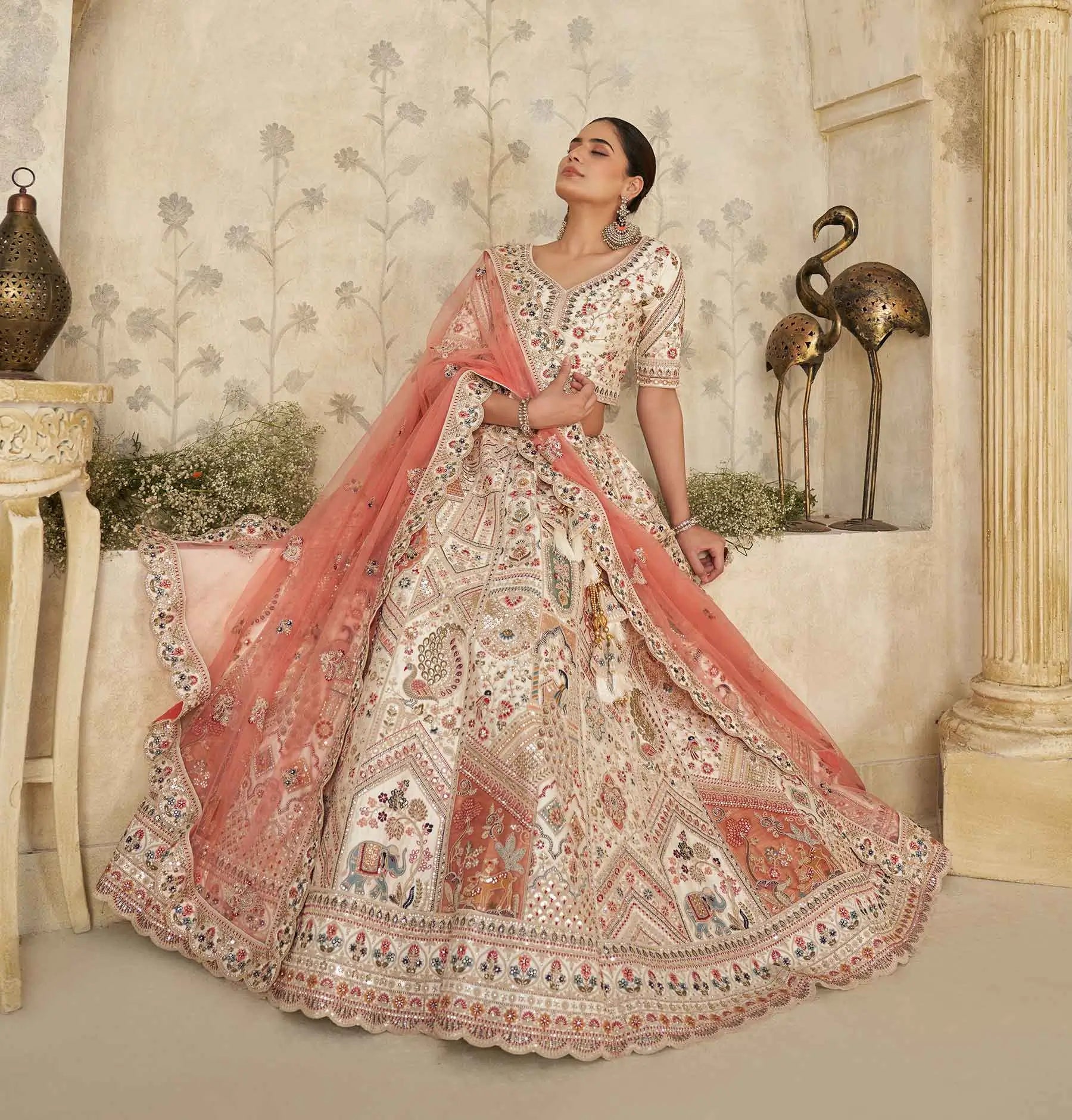 Cream Lehenga With Intricate Royal Embroidery Motifs - qivii