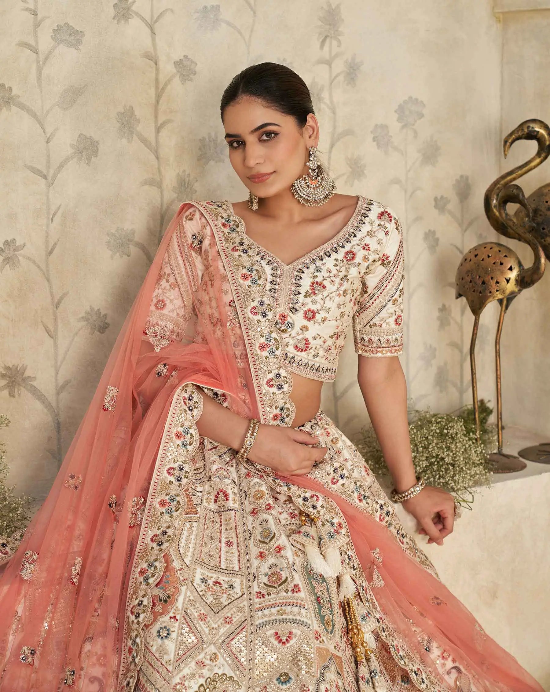 Cream Lehenga With Intricate Royal Embroidery Motifs - qivii