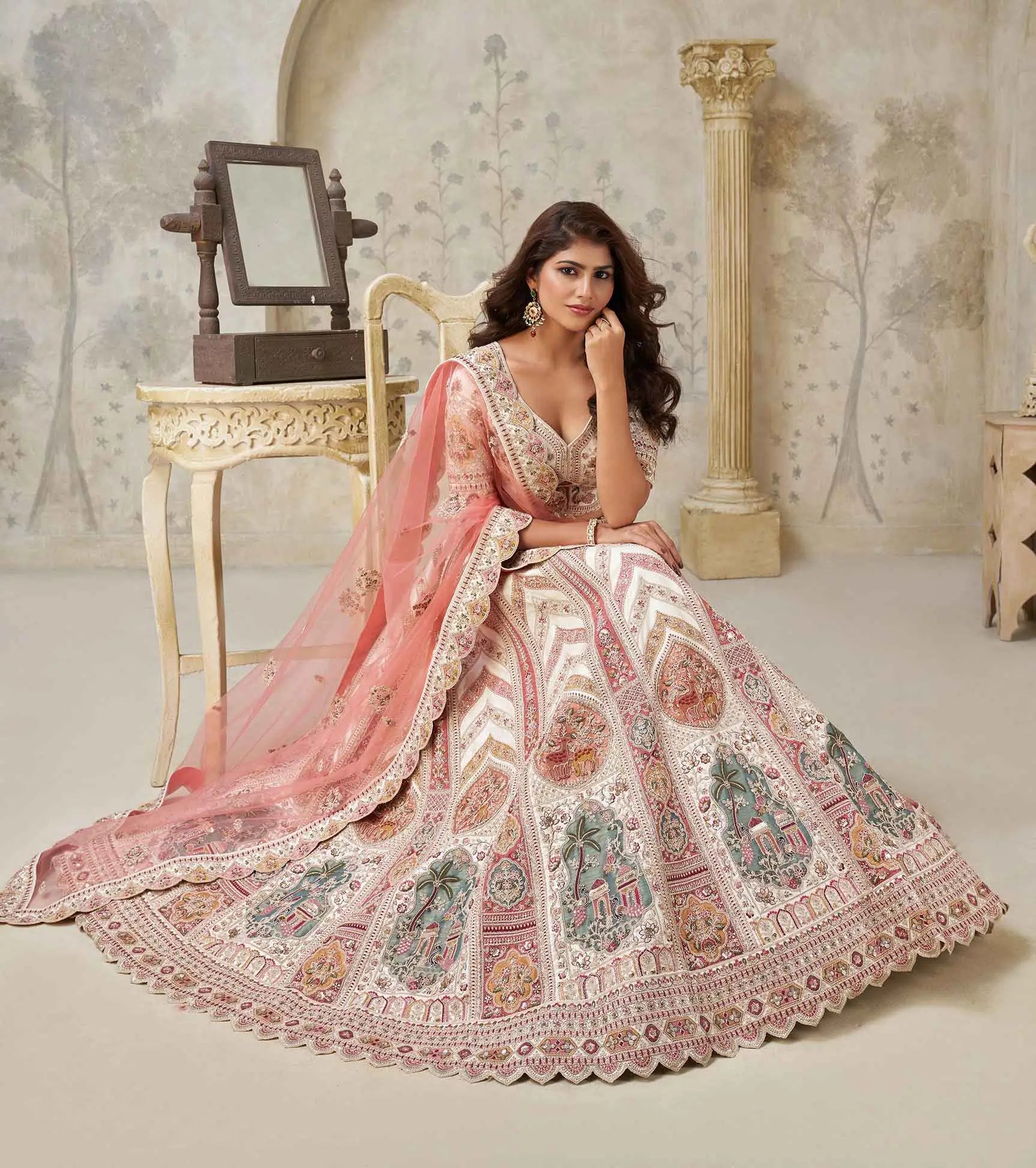 Designer Lehenga with Paisley Motifs & White Dori Work - qivii