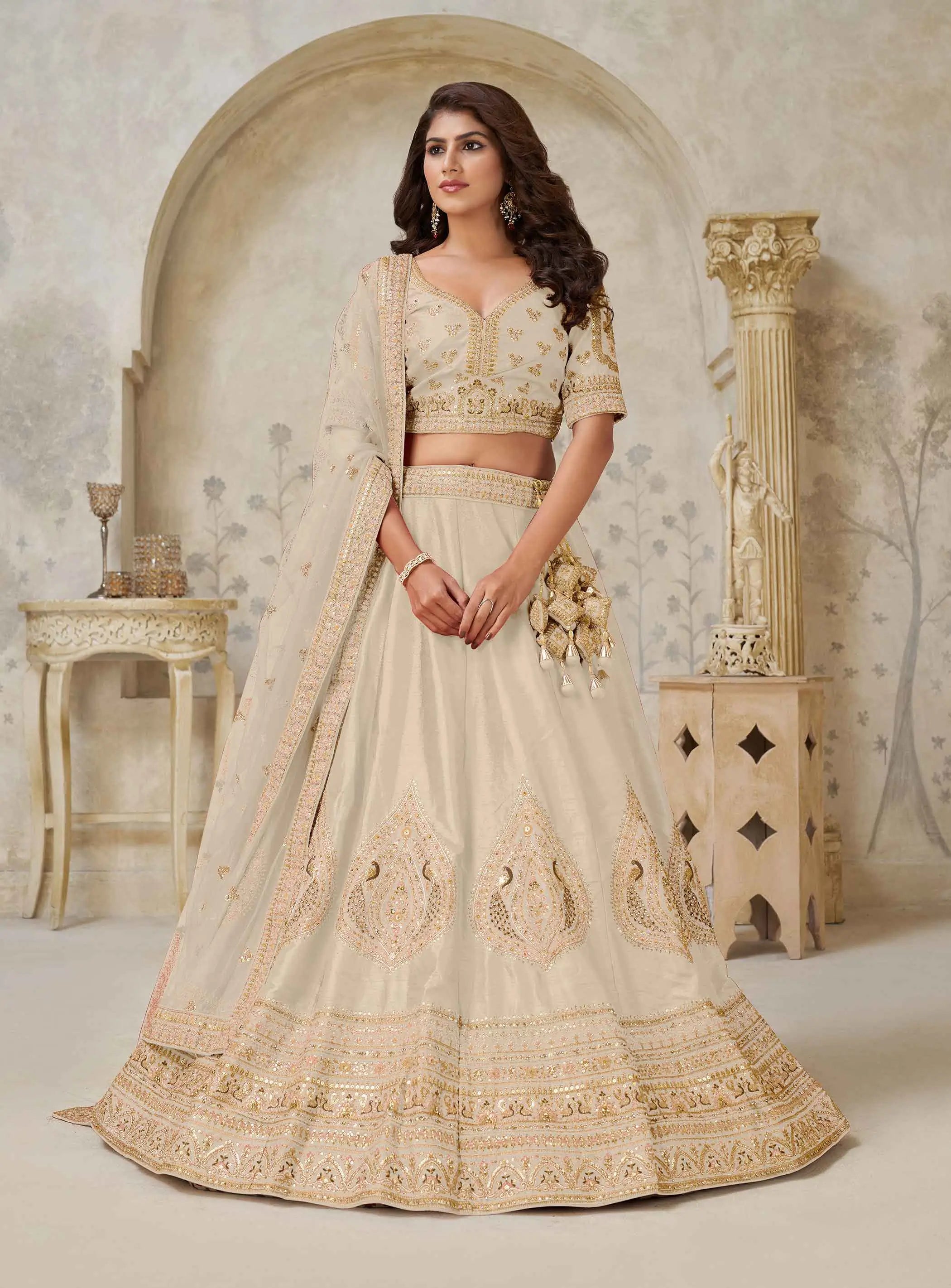 Elegant Beige Wedding Lehenga With Leaf Embroidery - qivii