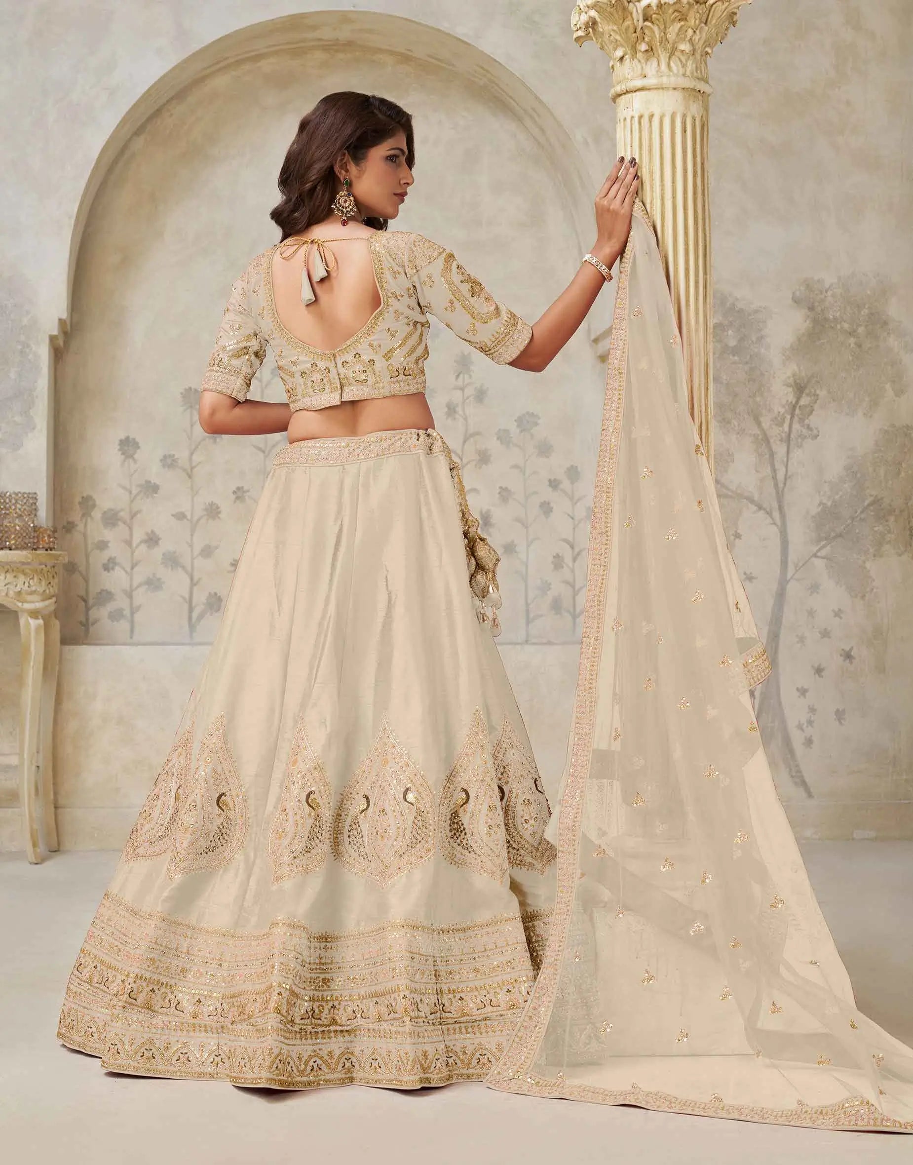 Elegant Beige Wedding Lehenga With Leaf Embroidery - qivii