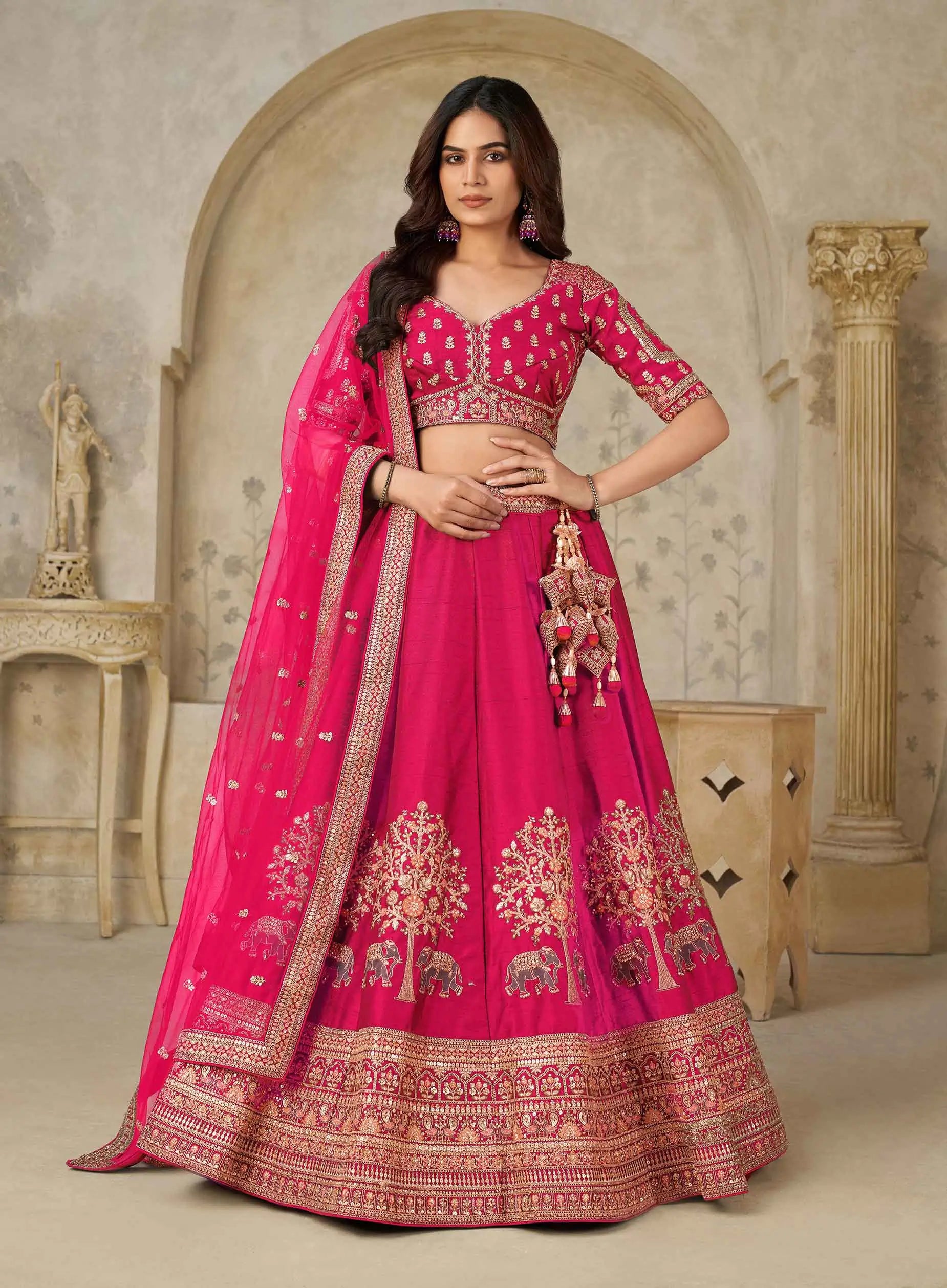 Hot Pink Bridal Ensemble with Elephant Motifs - qivii