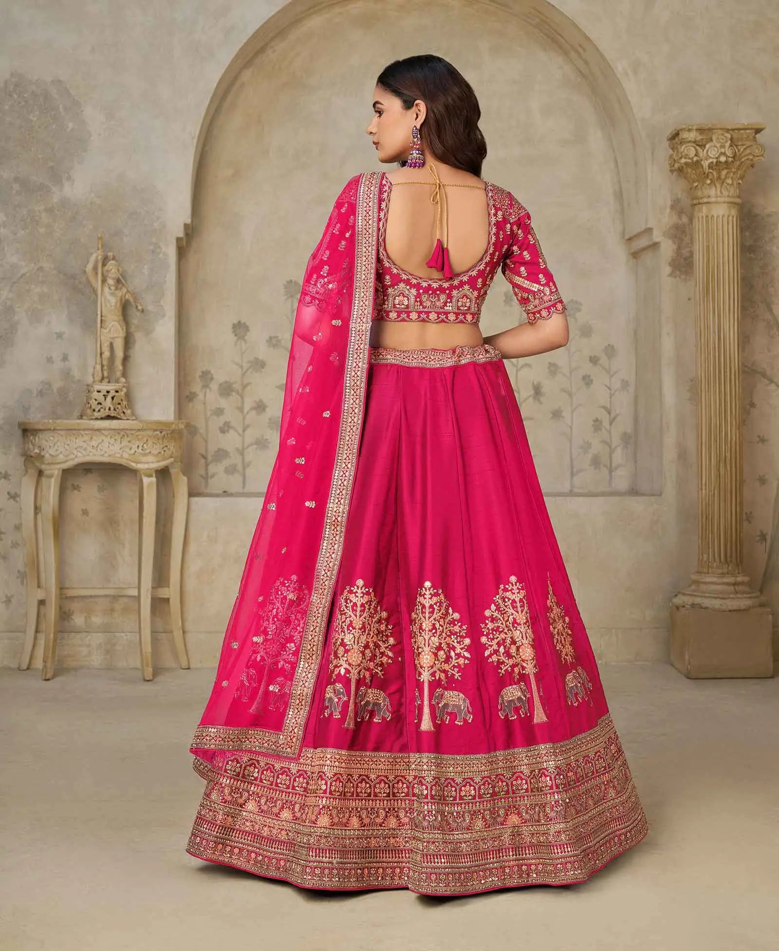 Hot Pink Bridal Ensemble with Elephant Motifs - qivii