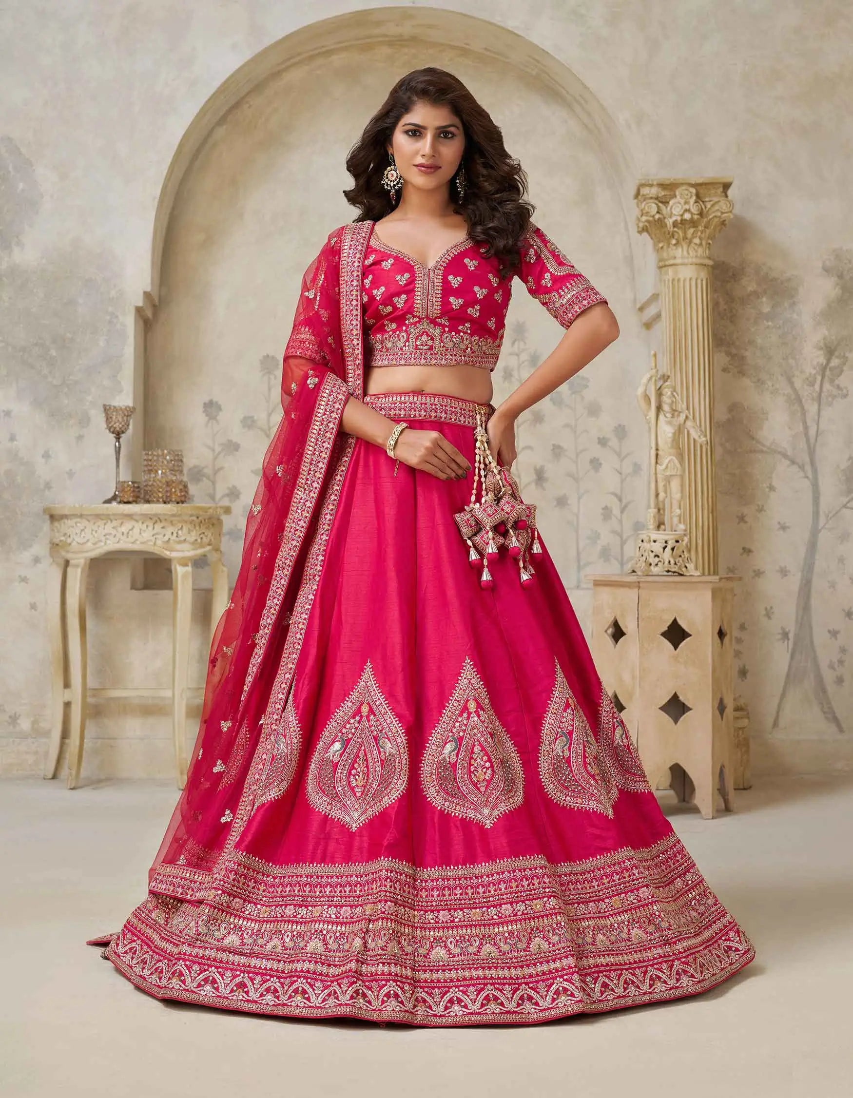Pink Wedding Lehenga With Leaf Motifs - qivii