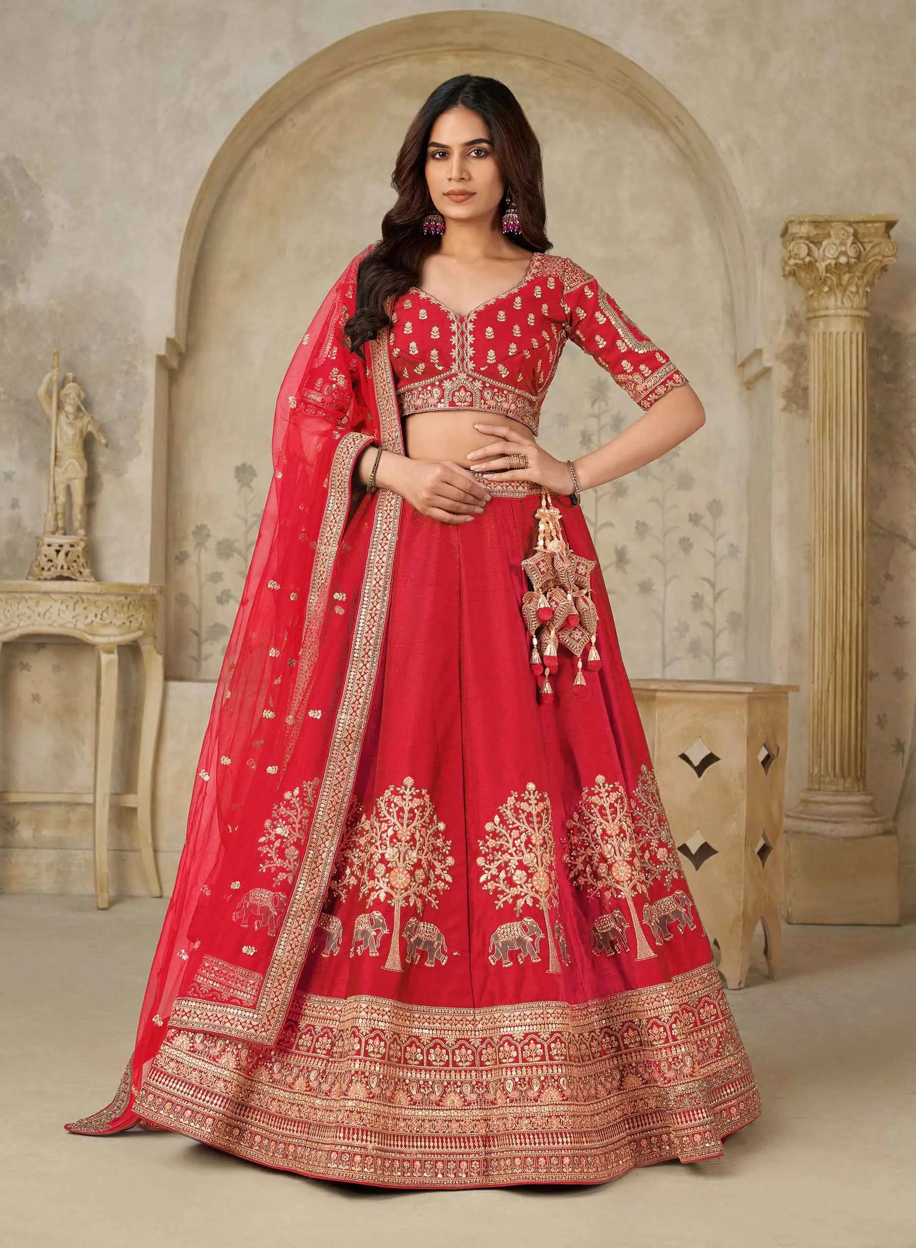 Red Bridal Lehenga Ensemble with Elephant Motifs - qivii