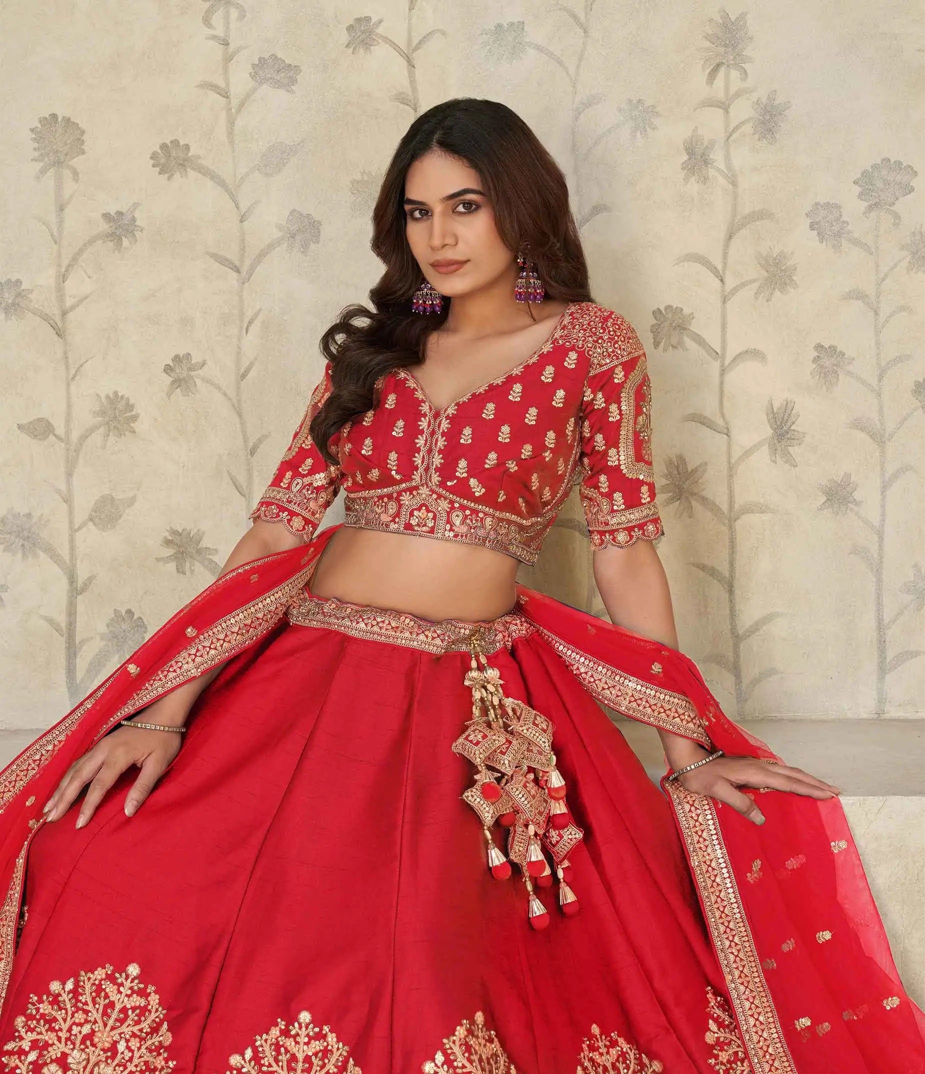 Red Bridal Lehenga Ensemble with Elephant Motifs - qivii