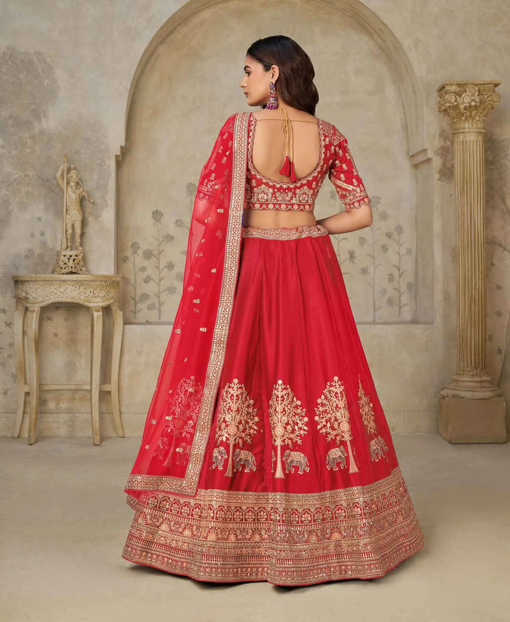 Red Bridal Lehenga Ensemble with Elephant Motifs - qivii