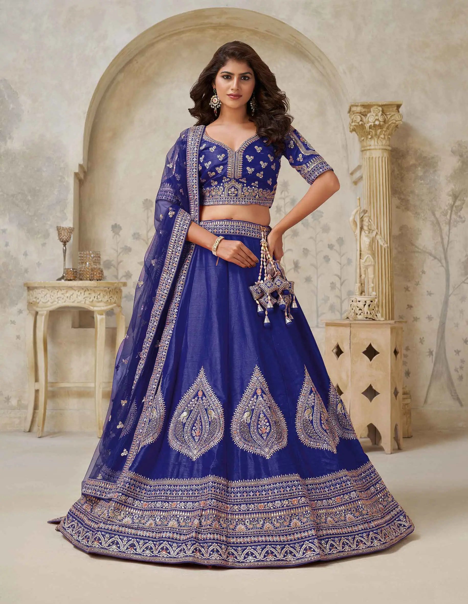 Royal Blue Bridal Lehenga With Zari Work - qivii