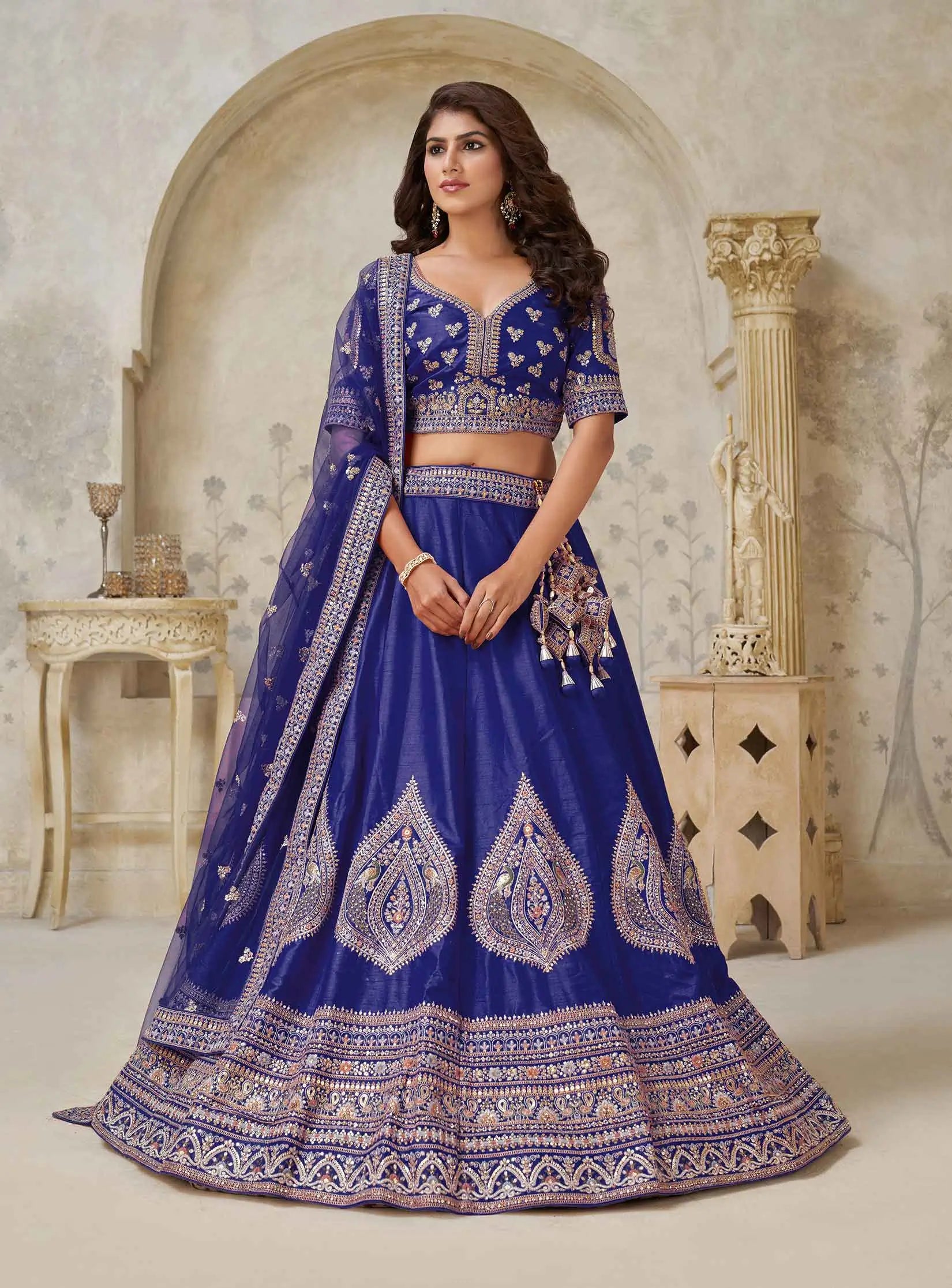 Royal Blue Bridal Lehenga With Zari Work - qivii