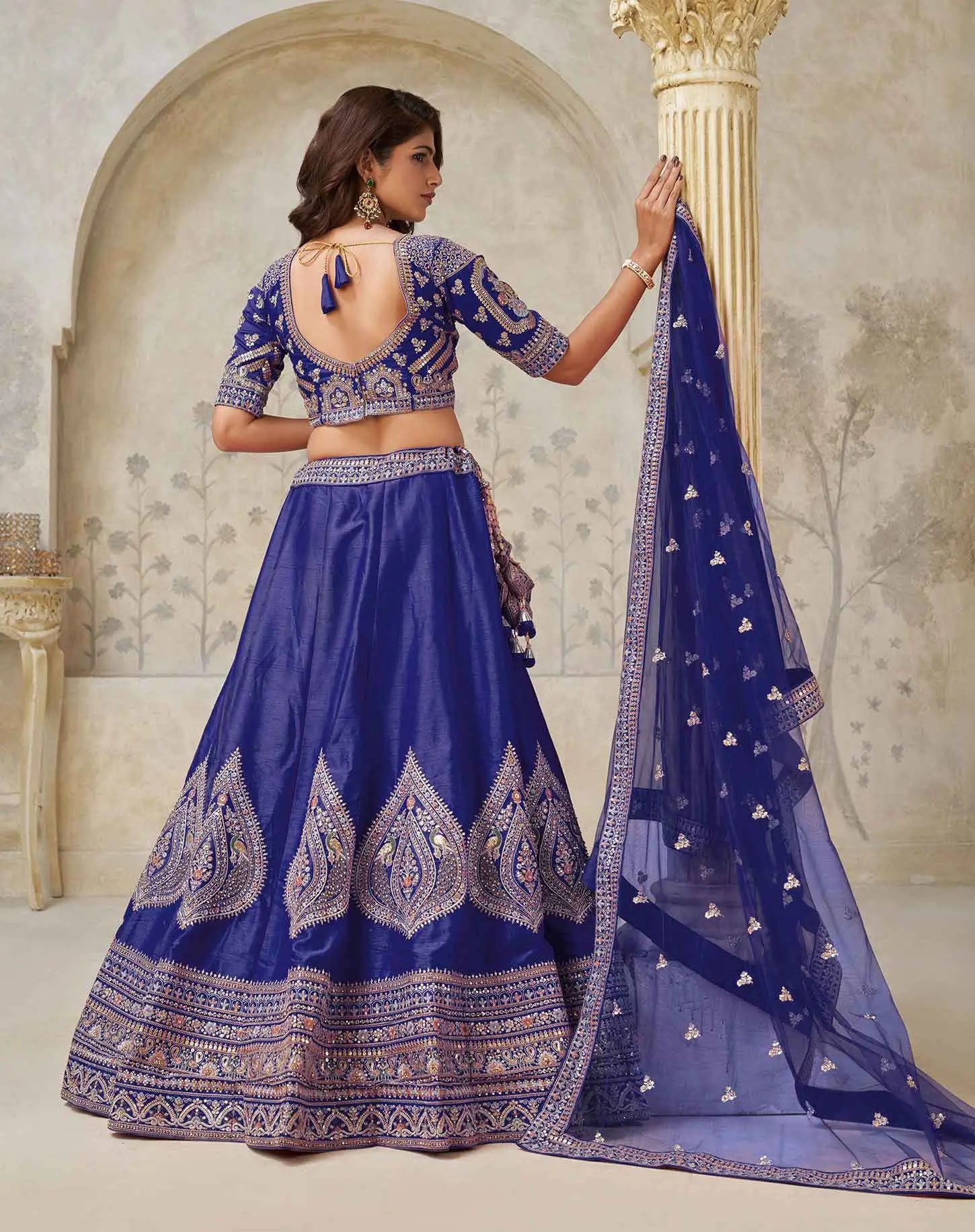 Royal Blue Bridal Lehenga With Zari Work - qivii