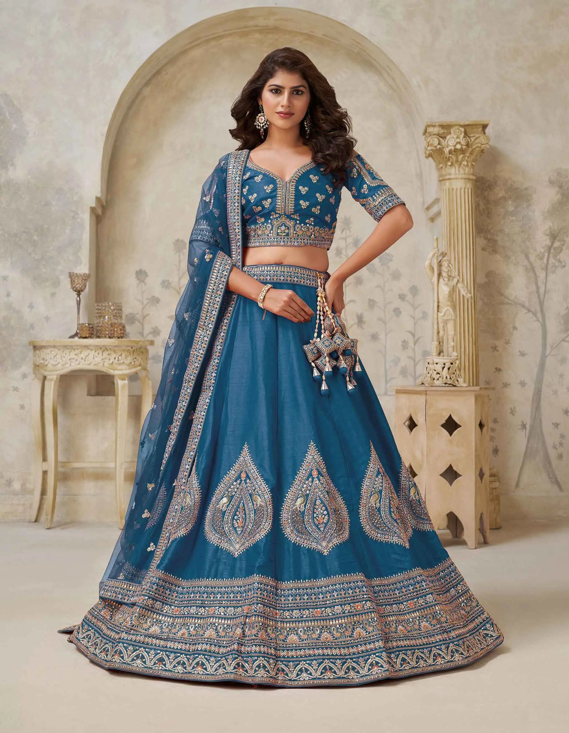 Teal Blue Elegant Wedding lehenga With Zari Work - qivii