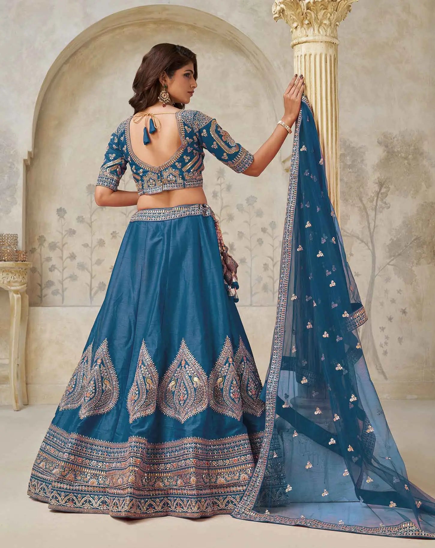 Teal Blue Elegant Wedding lehenga With Zari Work - qivii
