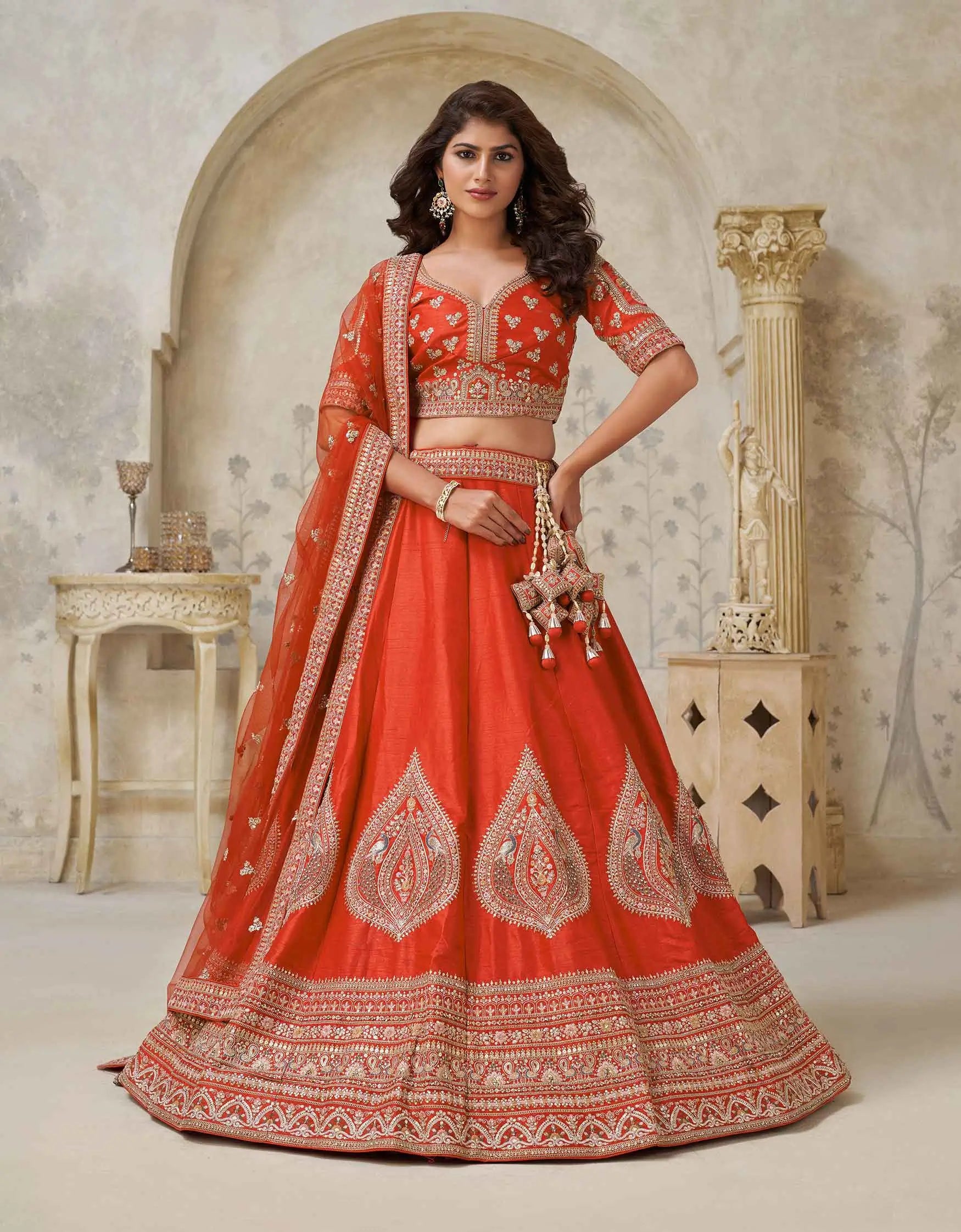 Trendy Rust Leaf Embroidery Wedding Lehenga - qivii
