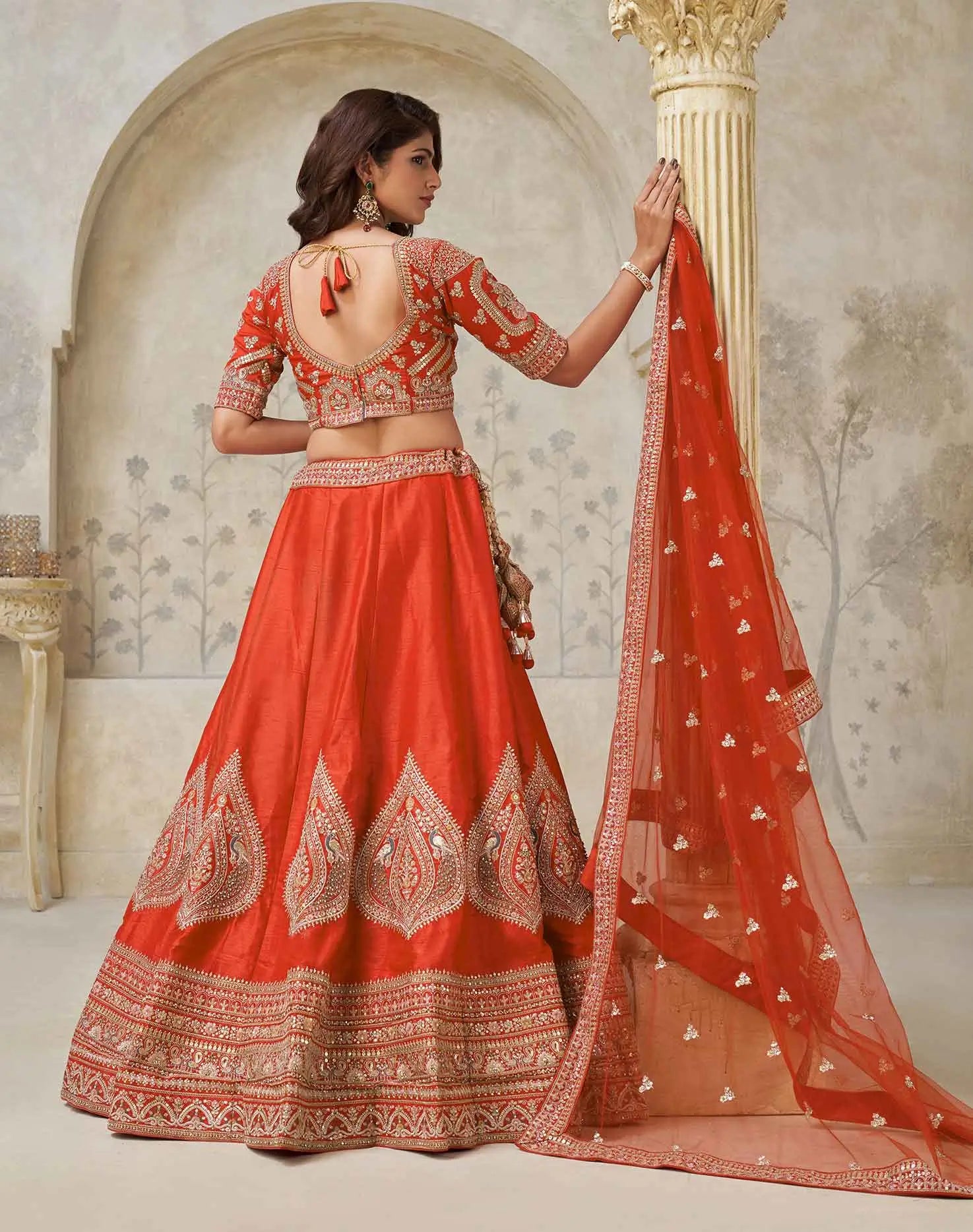 Trendy Rust Leaf Embroidery Wedding Lehenga - qivii