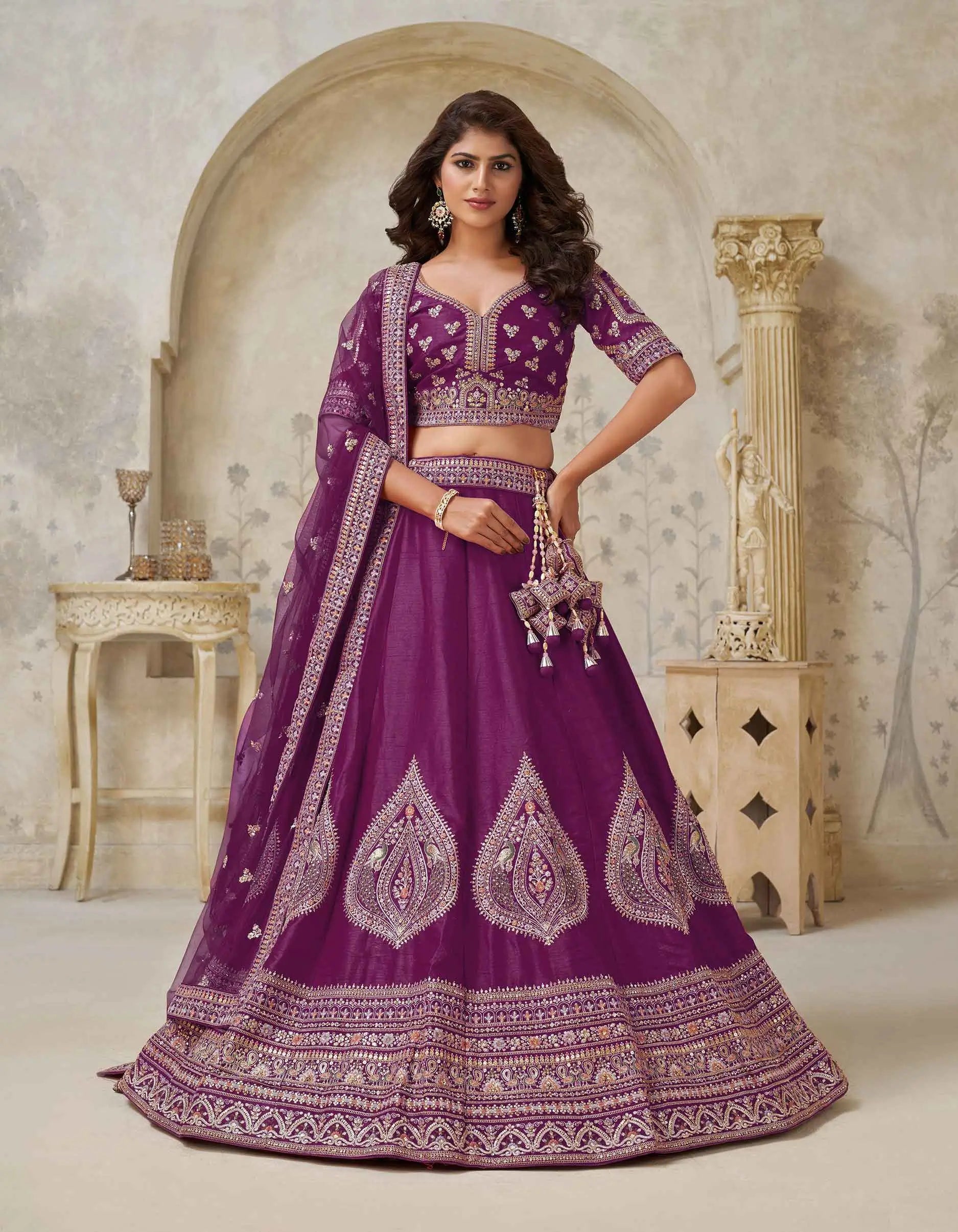Wine Wedding Lehenga With Leaf Motifs - qivii