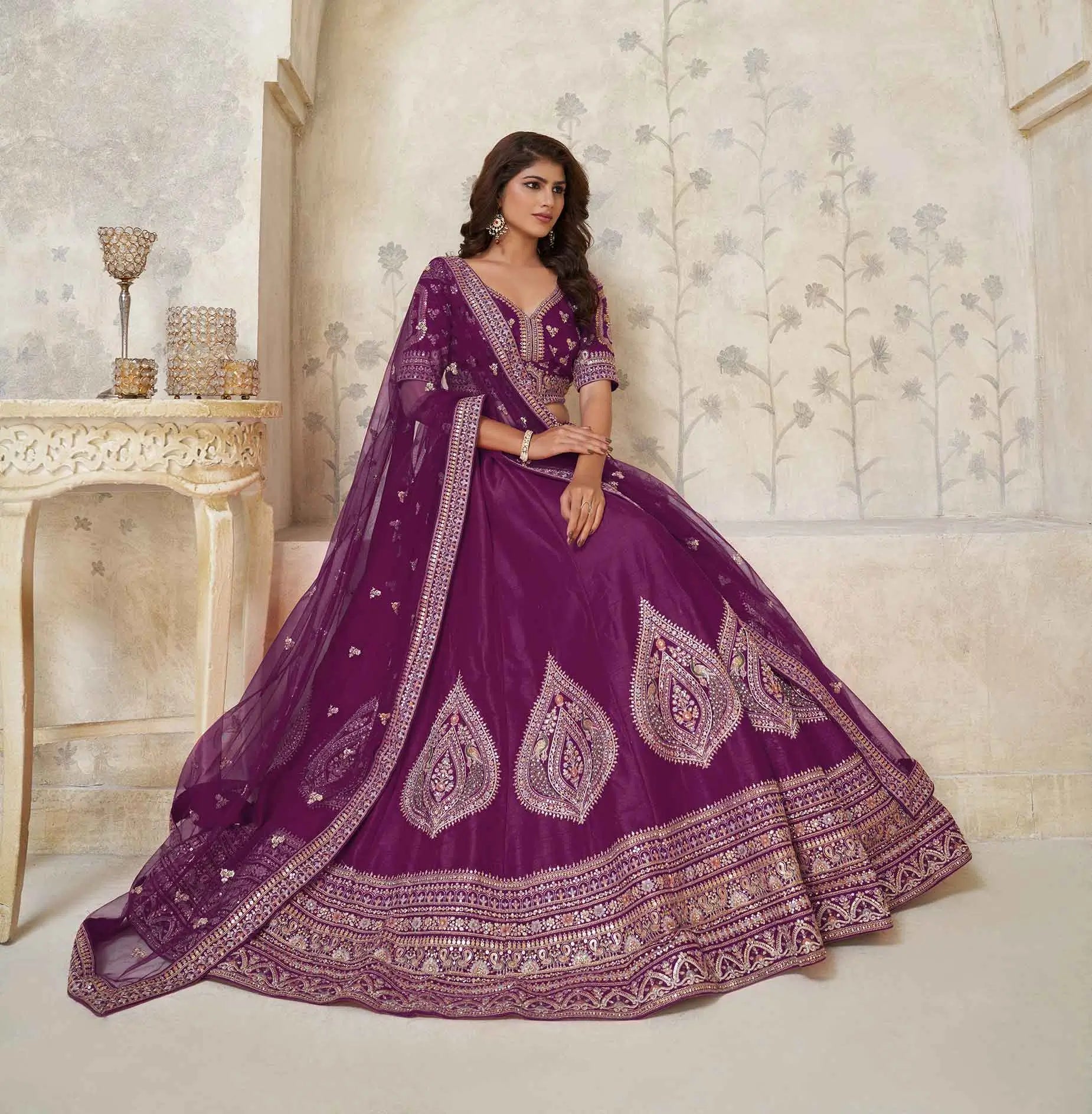Wine Wedding Lehenga With Leaf Motifs - qivii