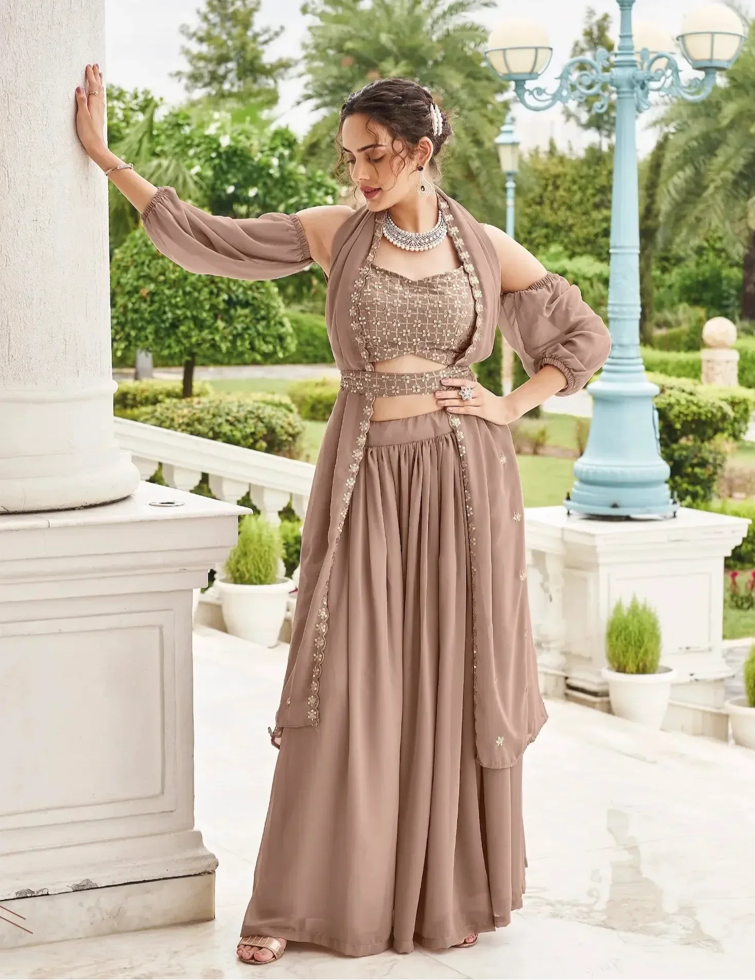 Beige Green Georgette Thread & Sequence Embroidery Work Lehenga Choli
