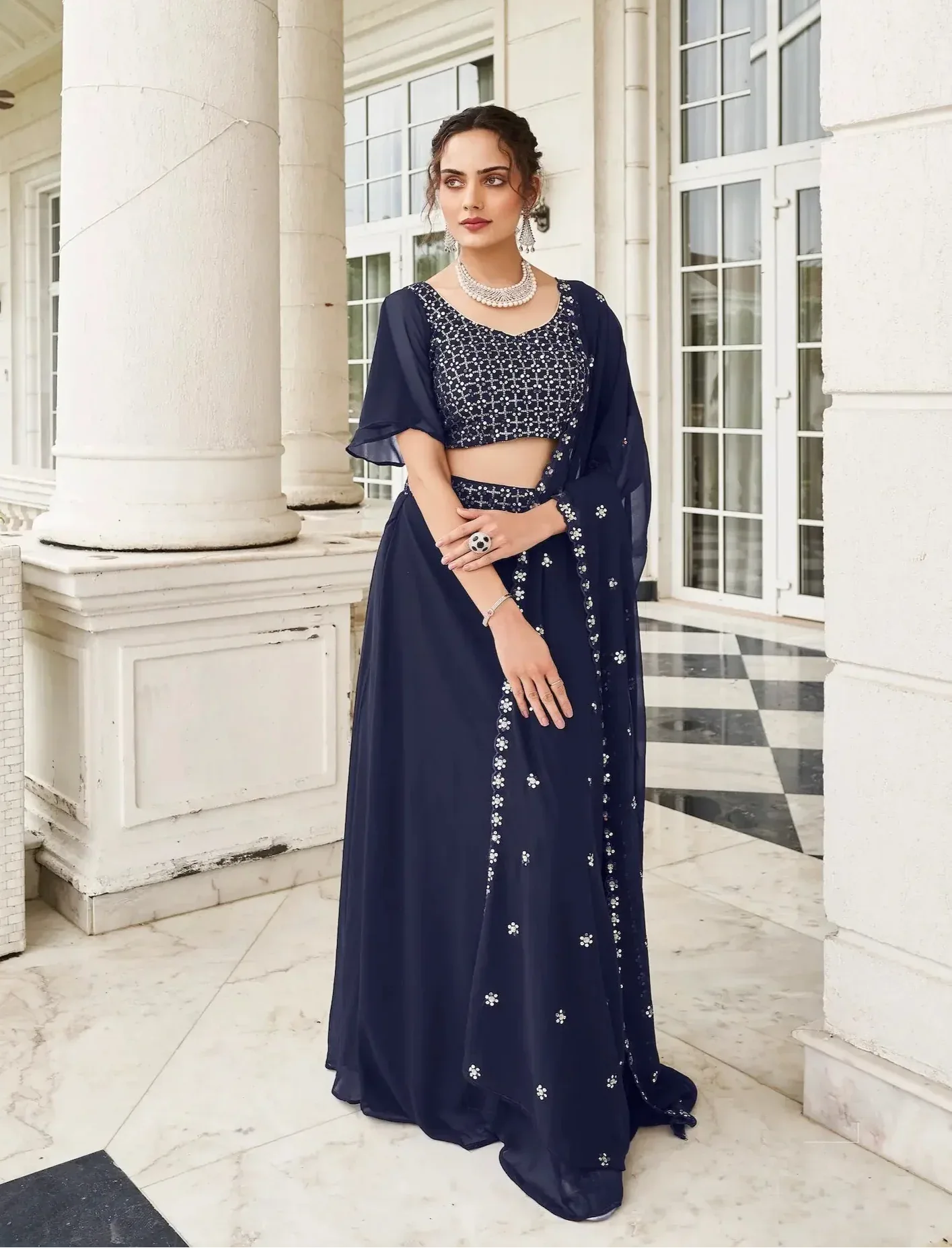 Navy Blue Georgette Thread & Sequence Embroidery Work Lehenga Choli