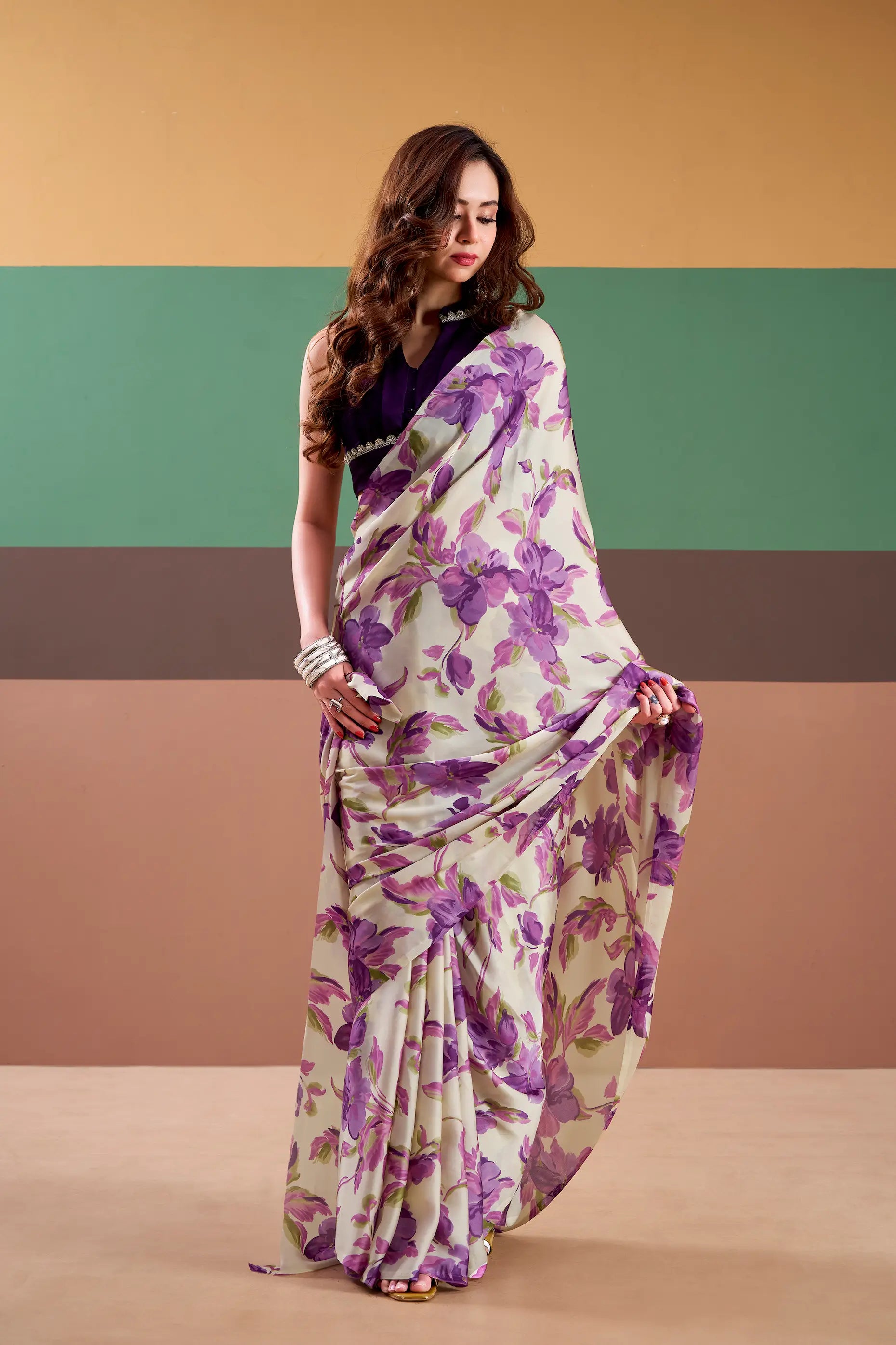 Purple Satin Silk Floral Printed Saree