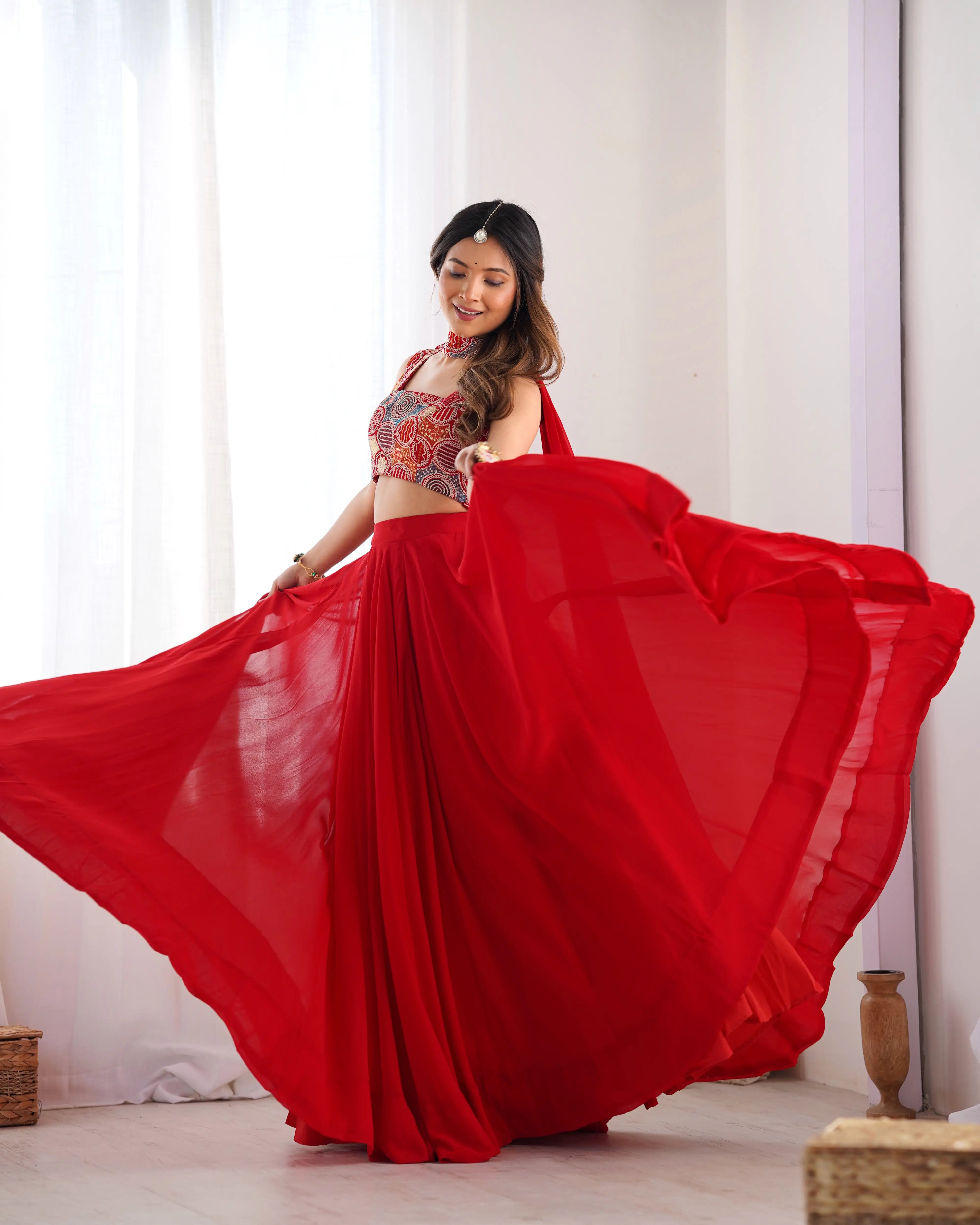 Red Georgette Lehenga With Embroidery Work With Neck Belt Dupatta