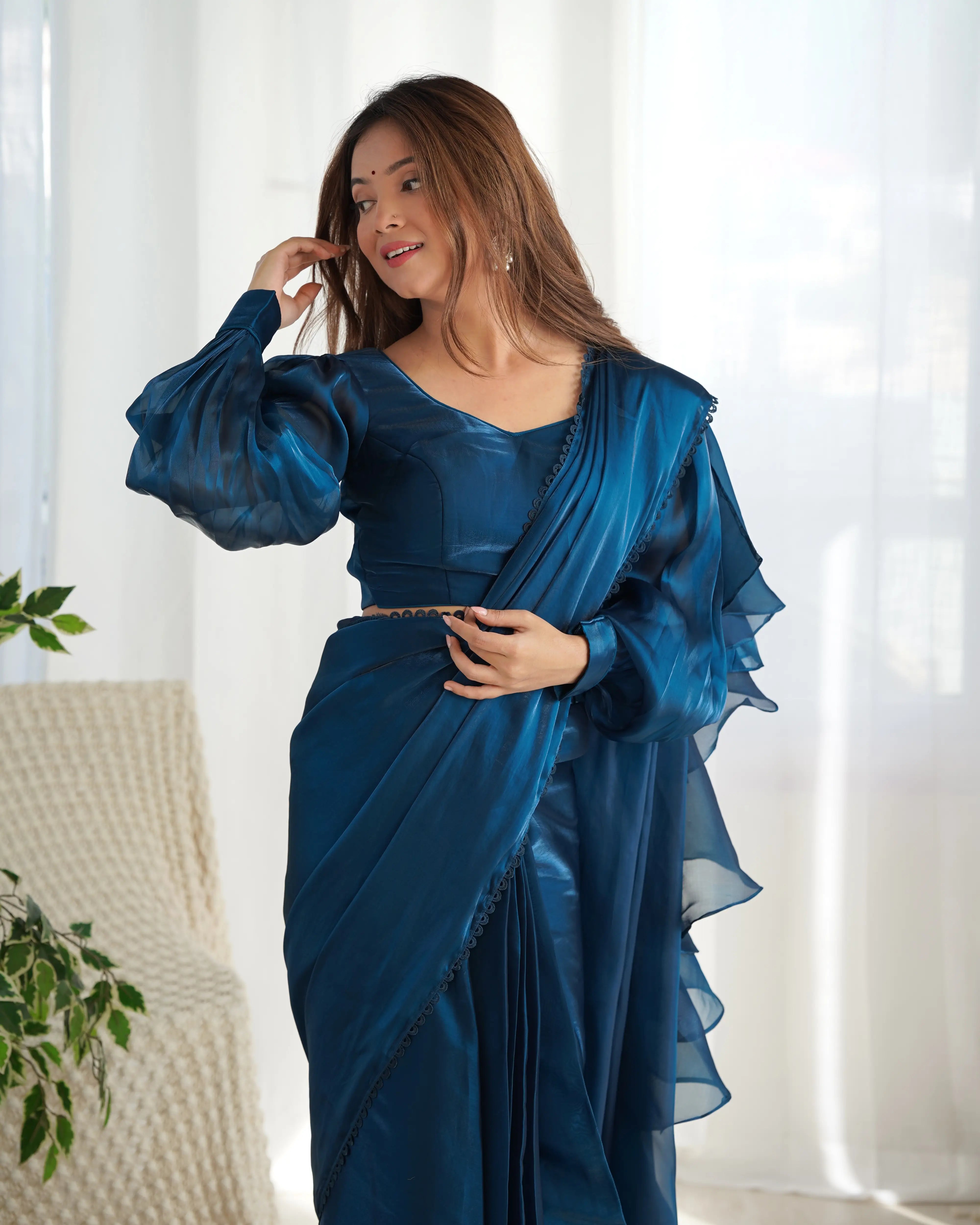Teal Blue Jimmy Choo Organza Pre Draped Ready To Wear  Saree