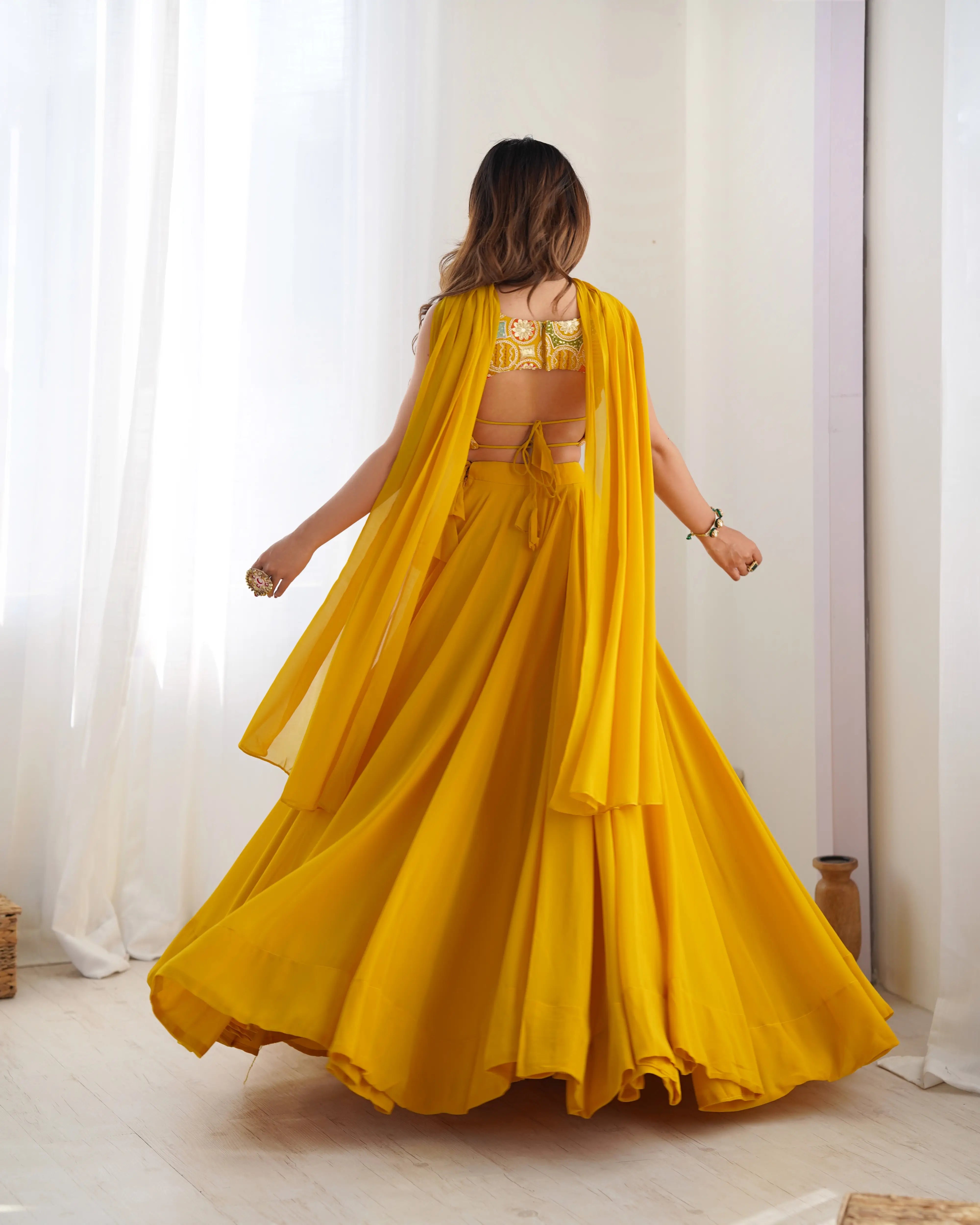 Yellow Georgette Lehenga With Embroidery Work With Neck Belt Dupatta