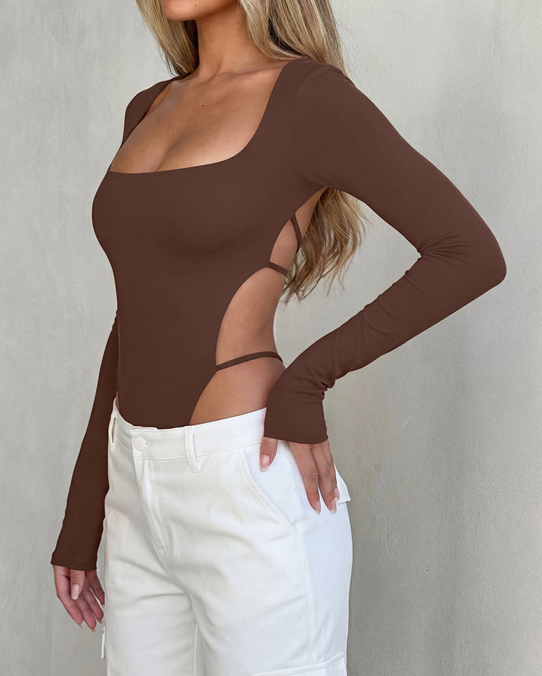 Square Neck Long Sleeve Backless Thong Slim Fit Bodysuit
