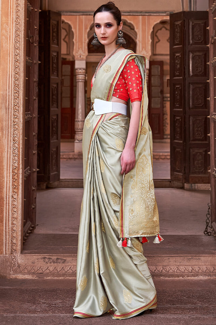 Beige Woven Satin Silk Saree With Contrast Brocade Blouse